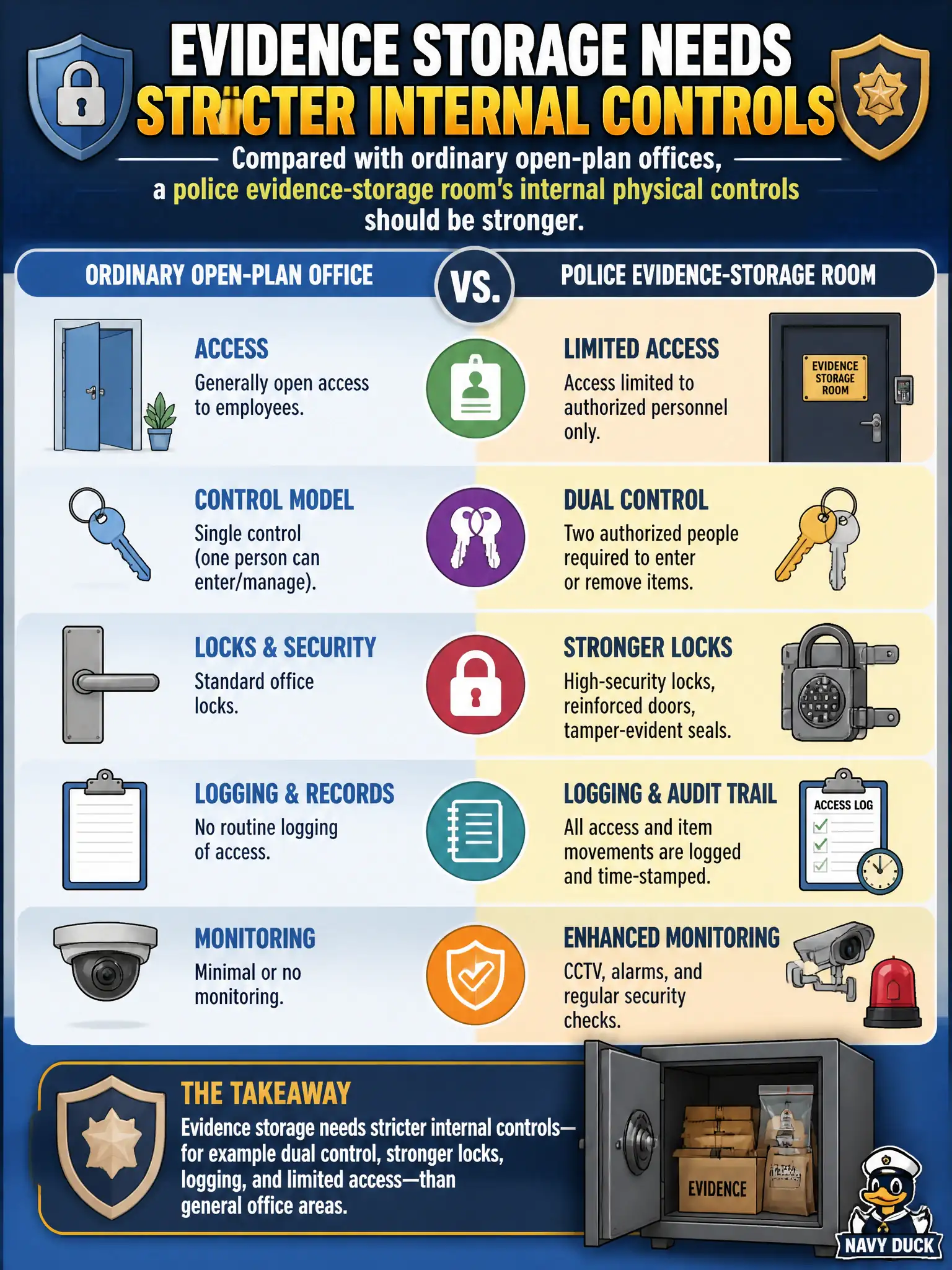 To Create an exciting colorful infographic that explains the concepts in the question: Question: Compared with ordinary open-plan offices, how should a police evidence-storage room’s internal physical controls differ? Correct Answer: Evidence storage needs stricter internal controls—for example dual control, stronger locks, logging, and limited access—than general office areas Put EVERY visible label in double quotes. No people. No A/B/C/D letters. In one of the four corners put a little "Navy Duck".