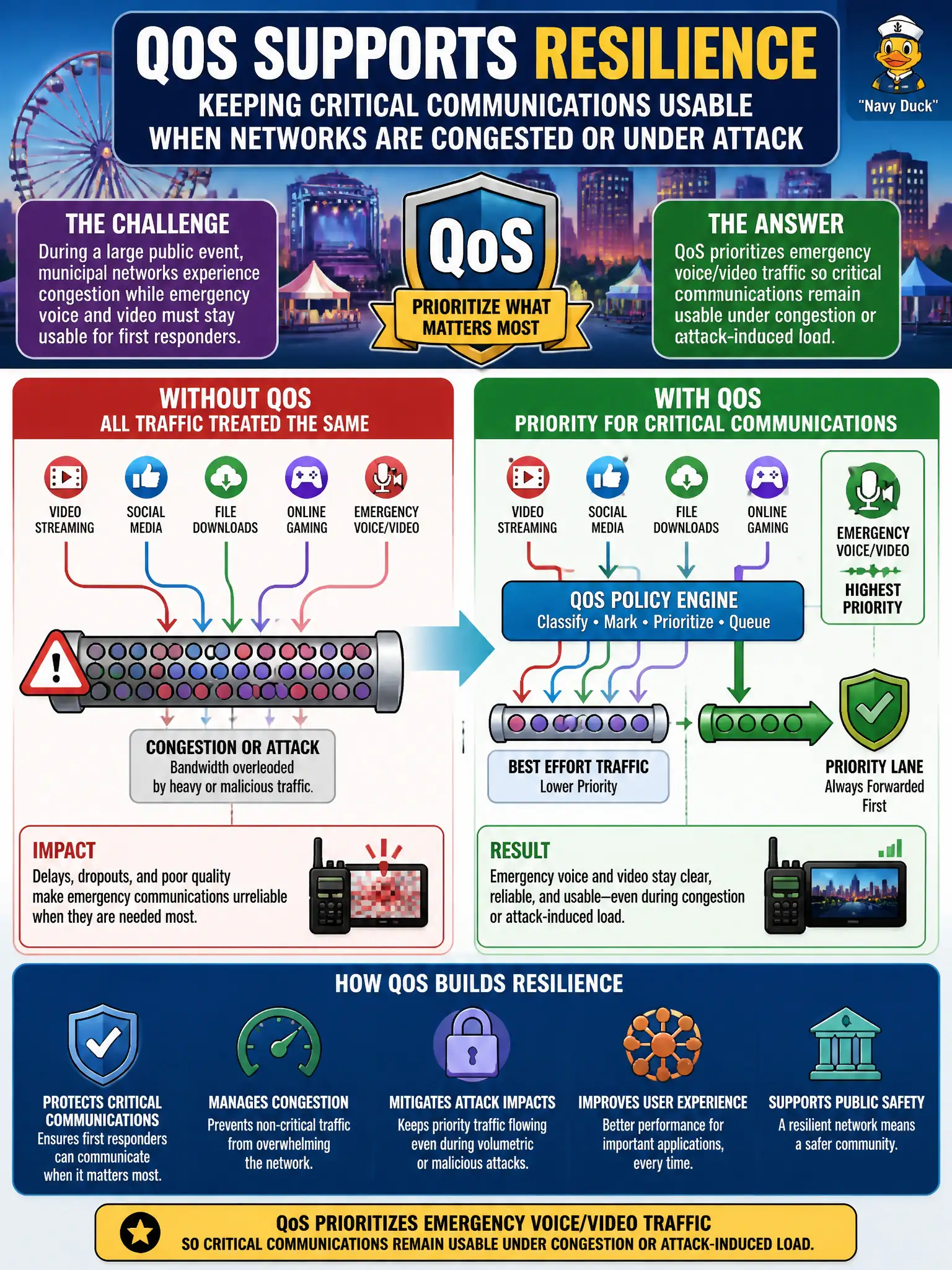To Create an exciting colorful infographic that explains the concepts in the question: Question: During a large public event, municipal networks experience congestion while emergency voice and video must stay usable for first responders. How does QoS support resilience here? Correct Answer: QoS prioritizes emergency voice/video traffic so critical communications remain usable under congestion or attack-induced load Put EVERY visible label in double quotes. No people. No A/B/C/D letters. In one of the four corners put a little "Navy Duck".