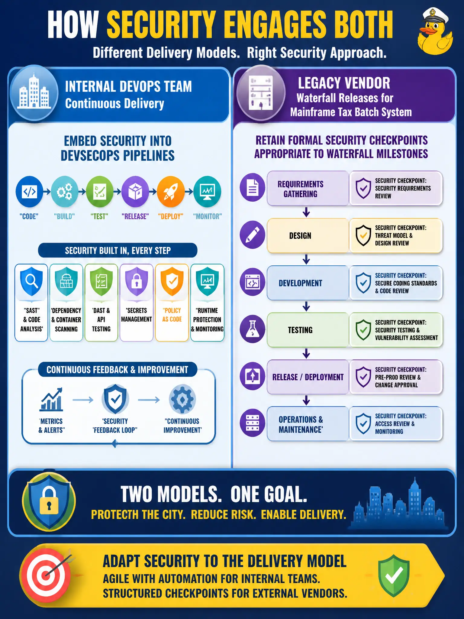 To Create an exciting colorful infographic that explains the concepts in the question: Question: The city’s internal DevOps team is adopting continuous delivery, while a legacy vendor still delivers waterfall releases for a mainframe tax batch system. How should security engage both? Correct Answer: Embed security into DevSecOps pipelines for the internal team and retain formal security checkpoints appropriate to the vendor’s waterfall milestones Put EVERY visible label in double quotes. No people. No A/B/C/D letters. In one of the four corners put a little "Navy Duck".