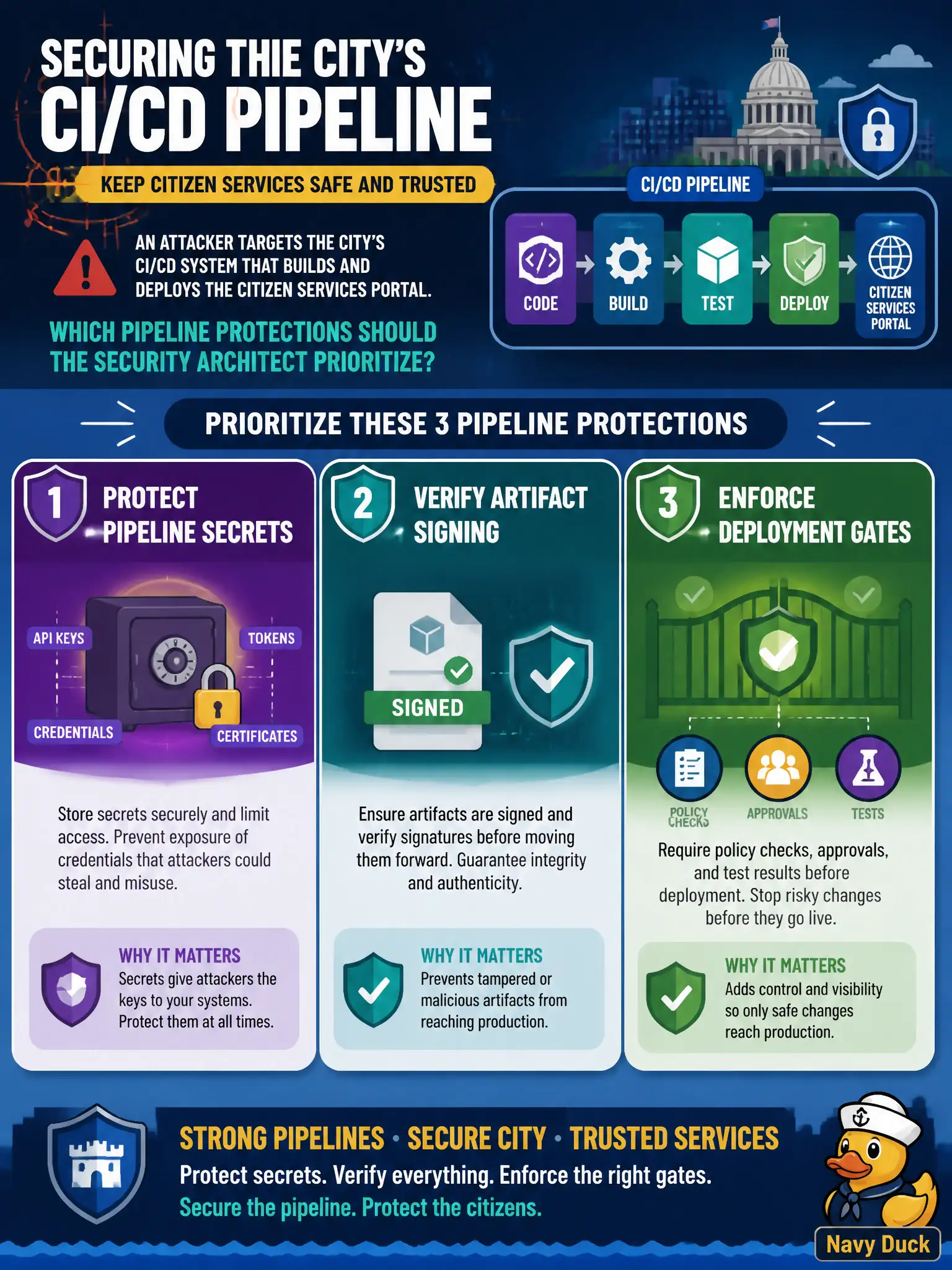 To Create an exciting colorful infographic that explains the concepts in the question: Question: An attacker targets the city's CI/CD system that builds and deploys the citizen services portal. Which pipeline protections should the security architect prioritize? Correct Answer: Protecting pipeline secrets, verifying artifact signing, and enforcing deployment gates. Put EVERY visible label in double quotes. No people. No A/B/C/D letters. In one of the four corners put a little "Navy Duck".