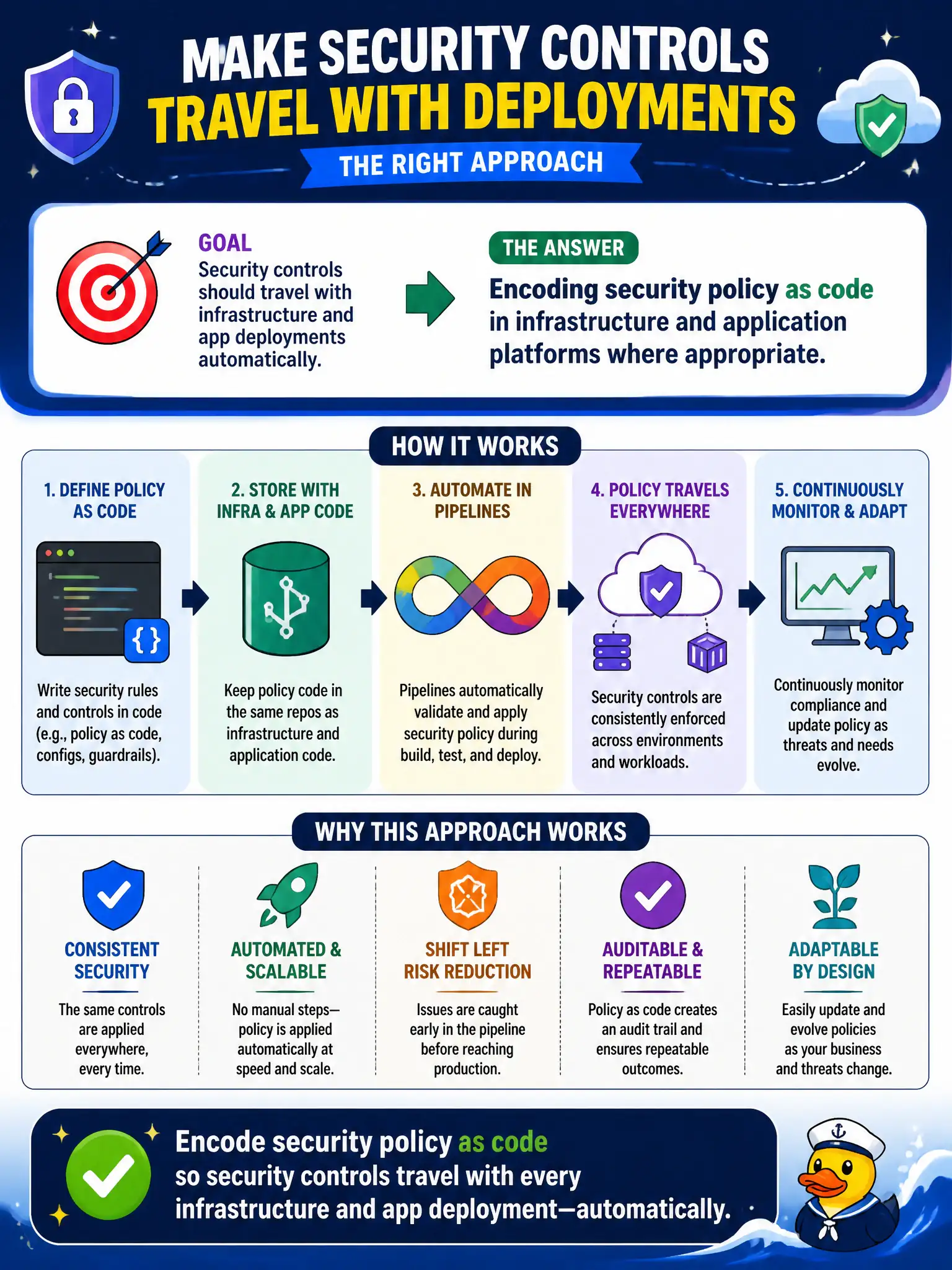 To Create an exciting colorful infographic that explains the concepts in the question: Question: The platform team wants security controls to travel with infrastructure and app deployments automatically. Which approach fits? Correct Answer: Encoding security policy as code in infrastructure and application platforms where appropriate. Put EVERY visible label in double quotes. No people. No A/B/C/D letters. In one of the four corners put a little "Navy Duck".