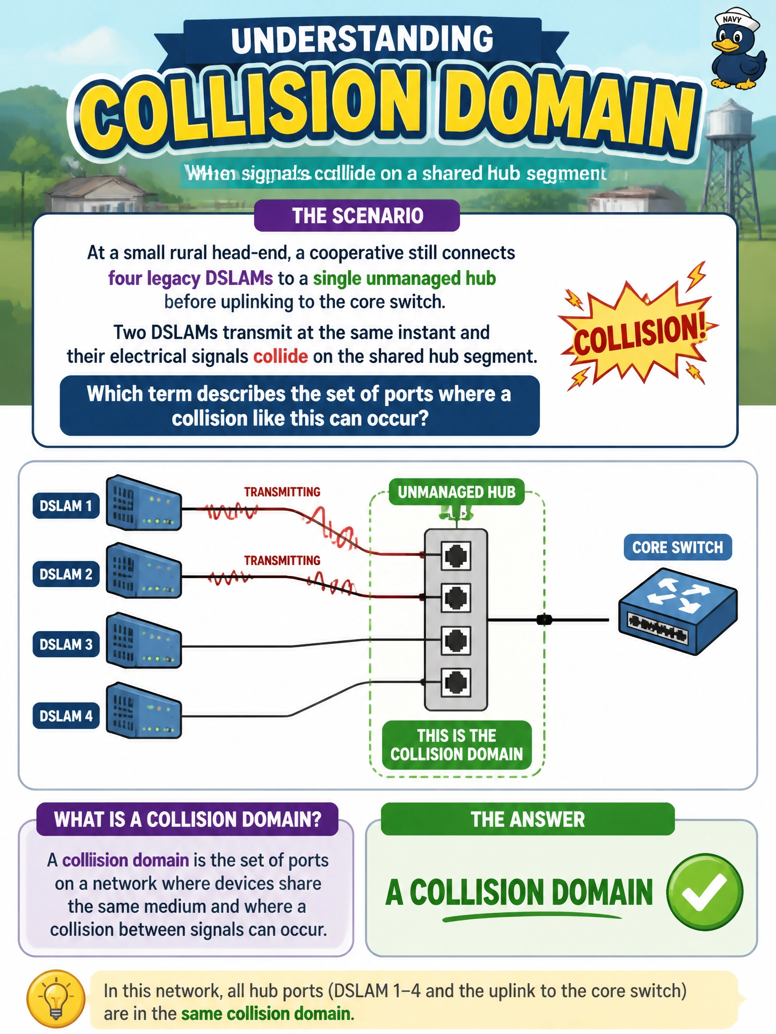 To Create an exciting colorful infographic that explains the concepts in the question: Question: At a small rural head-end, a cooperative still connects four legacy DSLAMs to a single unmanaged hub before uplinking to the core switch. Two DSLAMs transmit at the same instant and their electrical signals collide on the shared hub segment. Which term describes the set of ports where a collision like this can occur? Correct Answer: A collision domain Put EVERY visible label in double quotes. No people. No A/B/C/D letters. In one of the four corners put a little "Navy Duck".