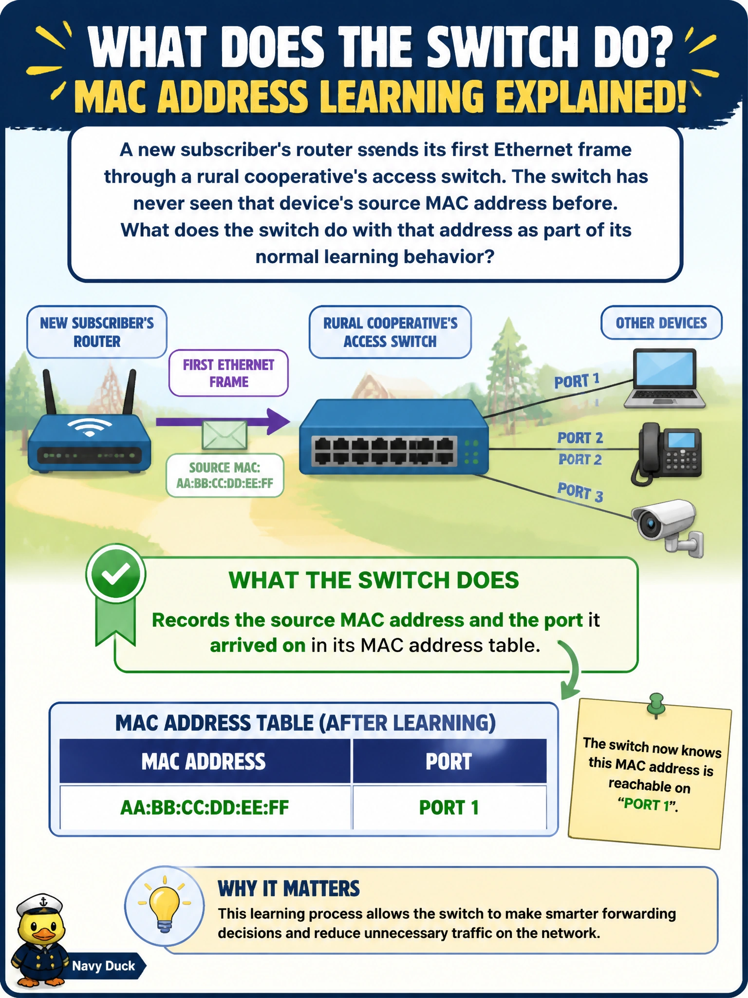 To Create an exciting colorful infographic that explains the concepts in the question: Question: A new subscriber's router sends its first Ethernet frame through a rural cooperative's access switch. The switch has never seen that device's source MAC address before. What does the switch do with that address as part of its normal learning behavior? Correct Answer: Records the source MAC address and the port it arrived on in its MAC address table Put EVERY visible label in double quotes. No people. No A/B/C/D letters. In one of the four corners put a little "Navy Duck".