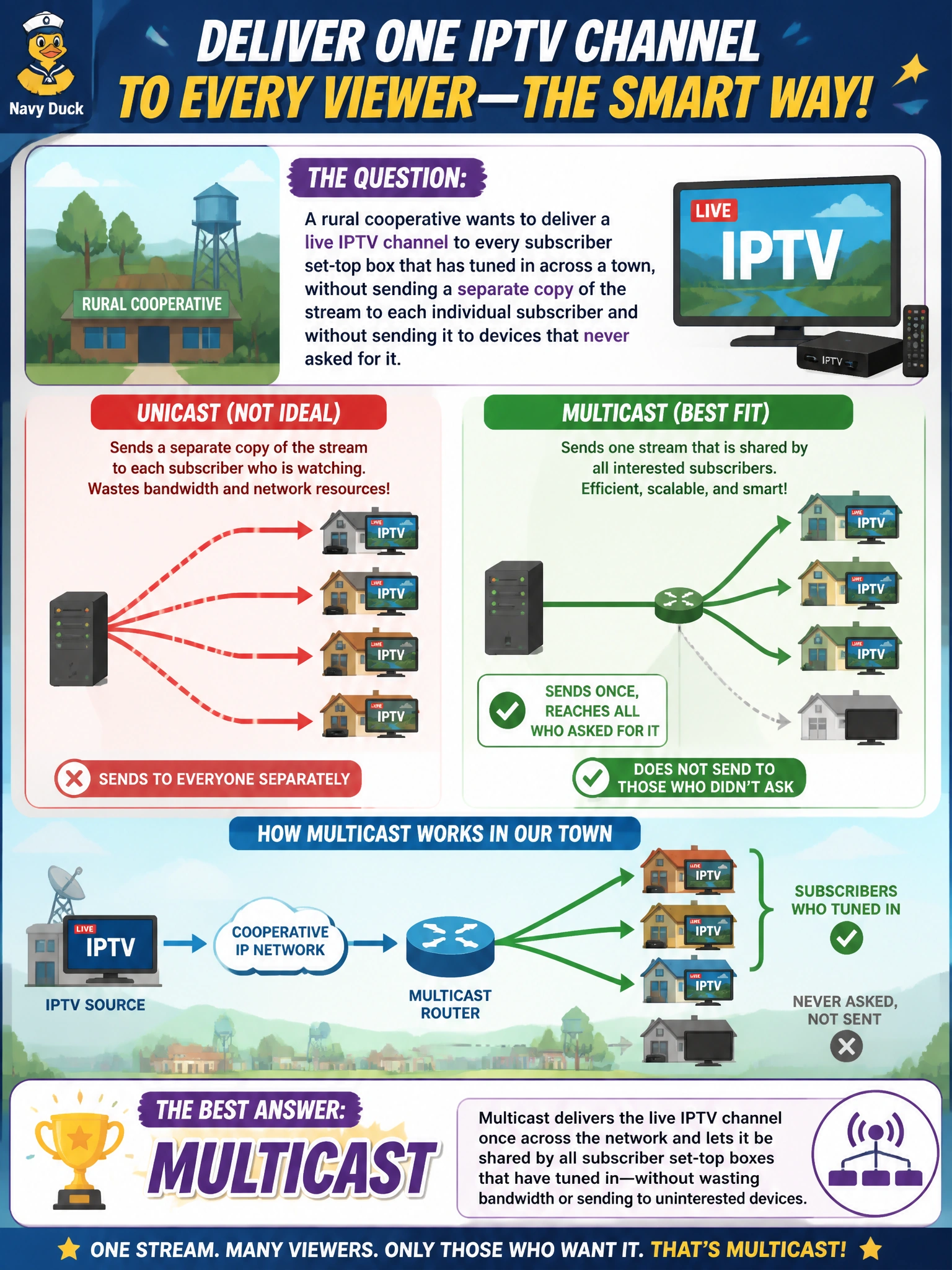 To Create an exciting colorful infographic that explains the concepts in the question: Question: A rural cooperative wants to deliver a live IPTV channel to every subscriber set-top box that has tuned in across a town, without sending a separate copy of the stream to each individual subscriber and without sending it to devices that never asked for it. Which traffic delivery type best fits this requirement? Correct Answer: Multicast Put EVERY visible label in double quotes. No people. No A/B/C/D letters. In one of the four corners put a little "Navy Duck".