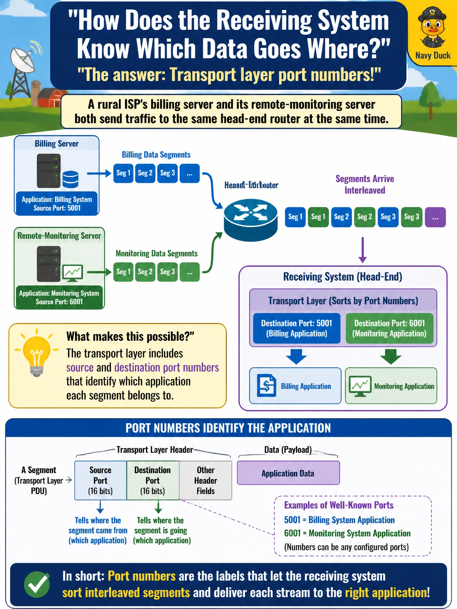 To Create an exciting colorful infographic that explains the concepts in the question: Question: A rural ISP's billing server and its remote-monitoring server both send traffic to the same head-end router at the same time. What allows the receiving system to correctly sort the arriving segments and deliver each stream to the right application? Correct Answer: The transport layer includes source and destination port numbers that identify which application each segment belongs to Put EVERY visible label in double quotes. No people. No A/B/C/D letters. In one of the four corners put a little "Navy Duck".