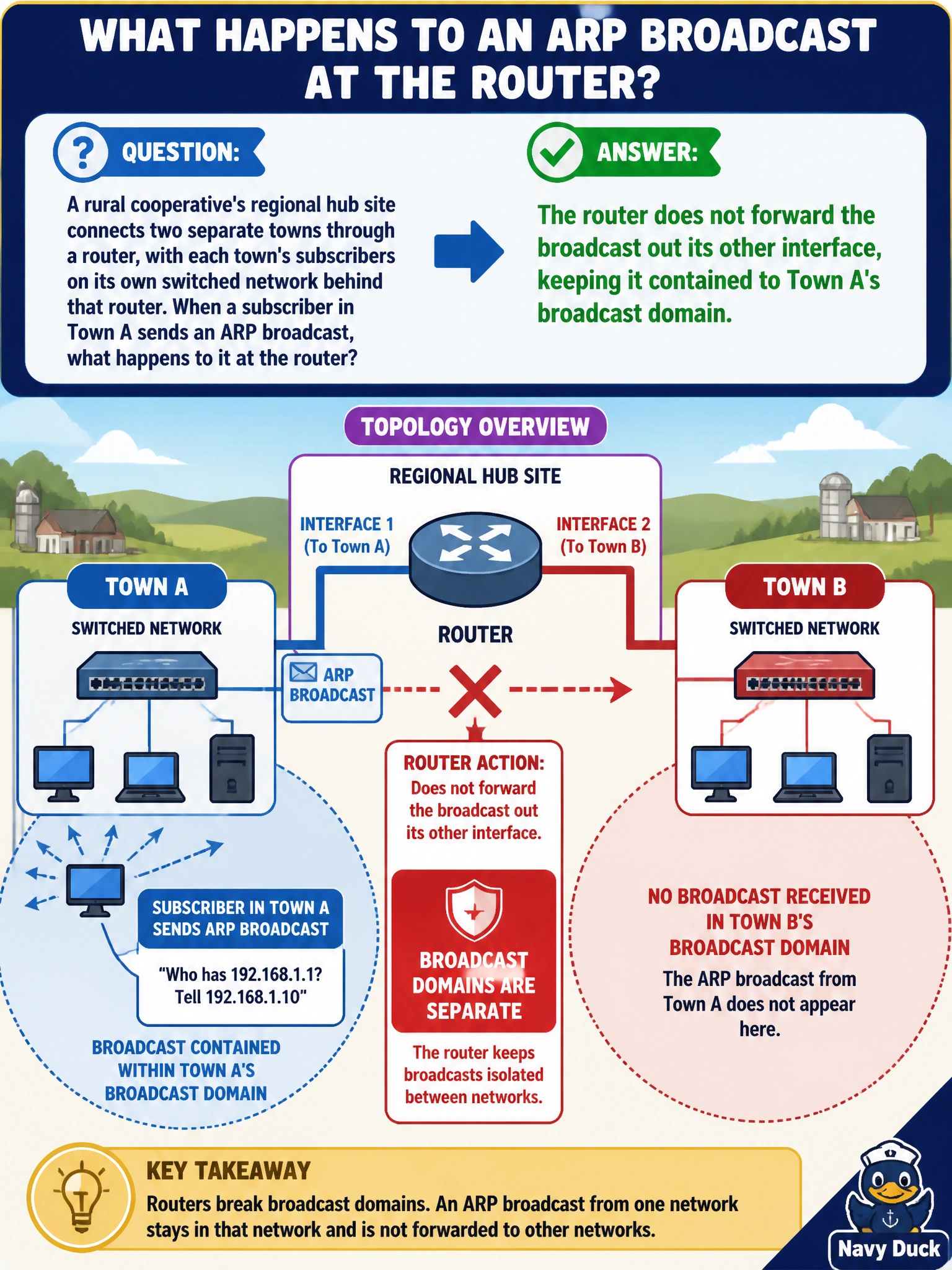 To Create an exciting colorful infographic that explains the concepts in the question: Question: A rural cooperative's regional hub site connects two separate towns through a router, with each town's subscribers on its own switched network behind that router. When a subscriber in Town A sends an ARP broadcast, what happens to it at the router? Correct Answer: The router does not forward the broadcast out its other interface, keeping it contained to Town A's broadcast domain Put EVERY visible label in double quotes. No people. No A/B/C/D letters. In one of the four corners put a little "Navy Duck".