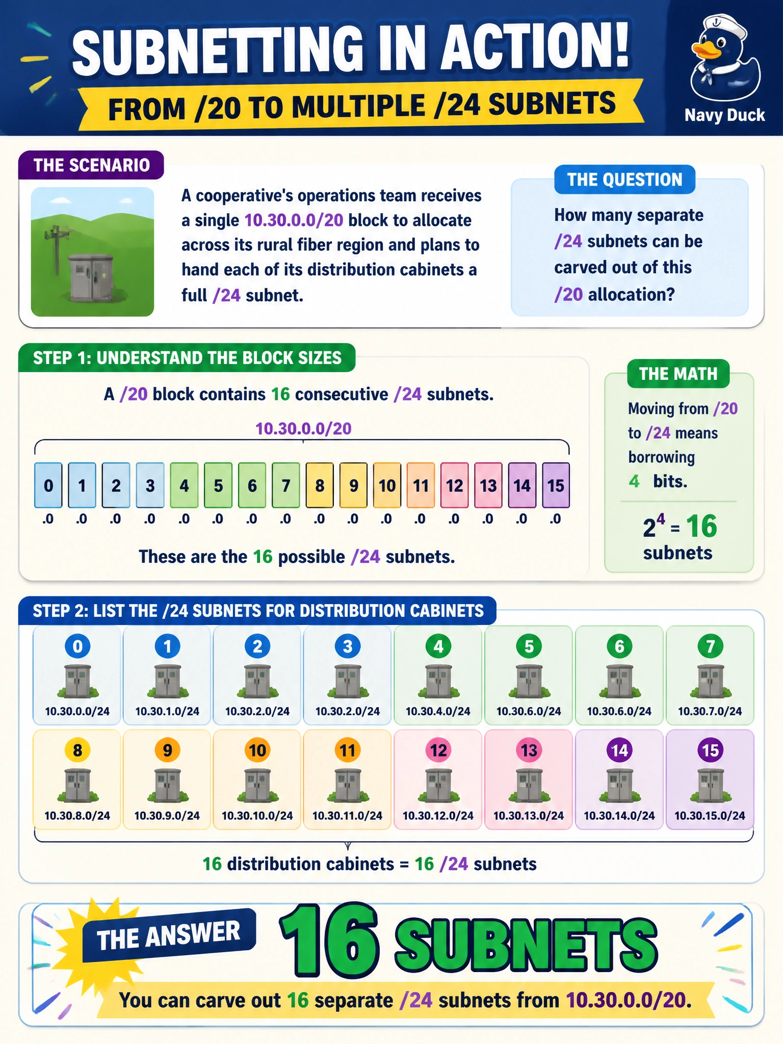 To Create an exciting colorful infographic that explains the concepts in the question: Question: A cooperative's operations team receives a single 10.30.0.0/20 block to allocate across its rural fiber region and plans to hand each of its distribution cabinets a full /24 subnet. How many separate /24 subnets can be carved out of this /20 allocation? Correct Answer: 16 subnets Put EVERY visible label in double quotes. No people. No A/B/C/D letters. In one of the four corners put a little "Navy Duck".