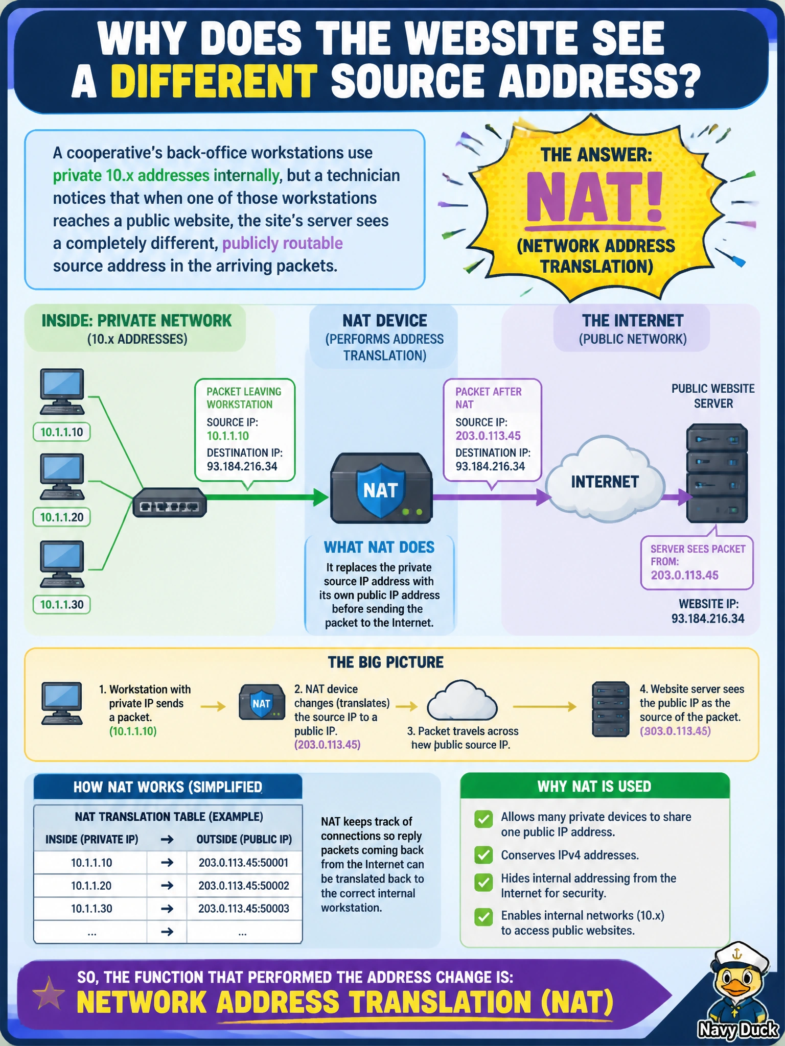 To Create an exciting colorful infographic that explains the concepts in the question: Question: A cooperative's back-office workstations use private 10.x addresses internally, but a technician notices that when one of those workstations reaches a public website, the site's server sees a completely different, publicly routable source address in the arriving packets. Which function performed this address change? Correct Answer: Network address translation (NAT) Put EVERY visible label in double quotes. No people. No A/B/C/D letters. In one of the four corners put a little "Navy Duck".