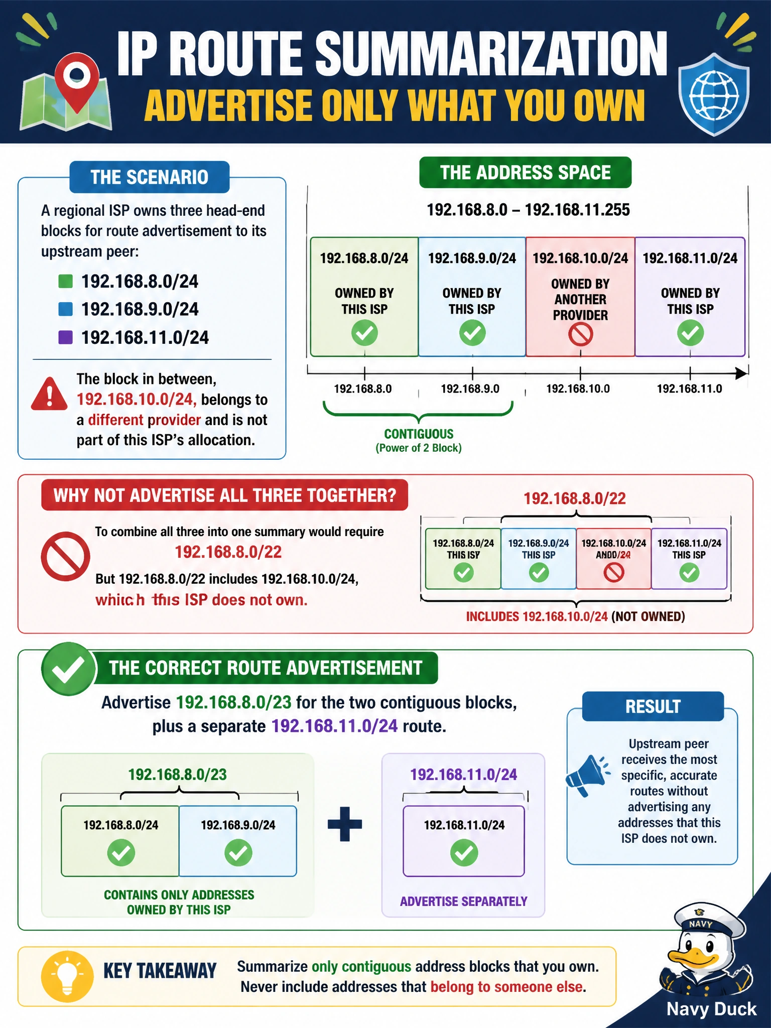 To Create an exciting colorful infographic that explains the concepts in the question: Question: A regional ISP owns three head-end blocks for route advertisement to its upstream peer: 192.168.8.0/24, 192.168.9.0/24, and 192.168.11.0/24. The block in between, 192.168.10.0/24, belongs to a different provider and is not part of this ISP's allocation. Which route advertisement correctly summarizes what the ISP can safely send upstream? Correct Answer: Advertise 192.168.8.0/23 for the two contiguous blocks, plus a separate 192.168.11.0/24 route, since combining all three into one route would have to include 192.168.10.0/24, which this ISP doesn't own Put EVERY visible label in double quotes. No people. No A/B/C/D letters. In one of the four corners put a little "Navy Duck".