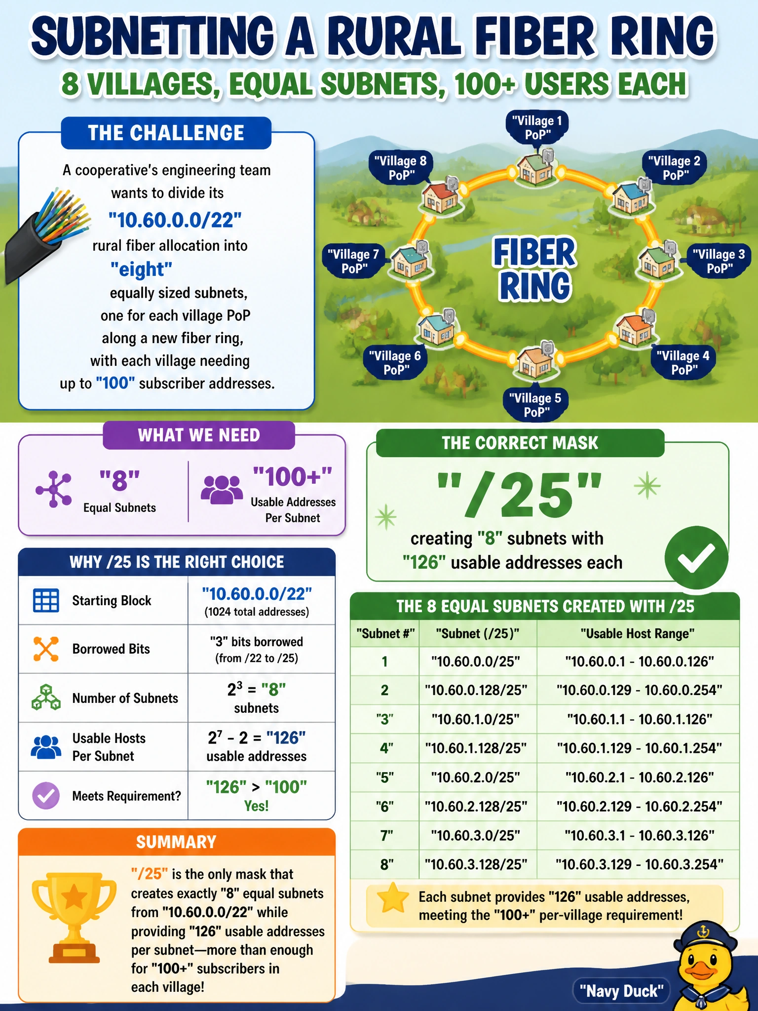To Create an exciting colorful infographic that explains the concepts in the question: Question: A cooperative's engineering team wants to divide its 10.60.0.0/22 rural fiber allocation into eight equally sized subnets, one for each village PoP along a new fiber ring, with each village needing up to 100 subscriber addresses. Which mask correctly creates exactly eight equal subnets from this /22 block while still meeting the per-village host requirement? Correct Answer: /25, creating 8 subnets with 126 usable addresses each Put EVERY visible label in double quotes. No people. No A/B/C/D letters. In one of the four corners put a little "Navy Duck".