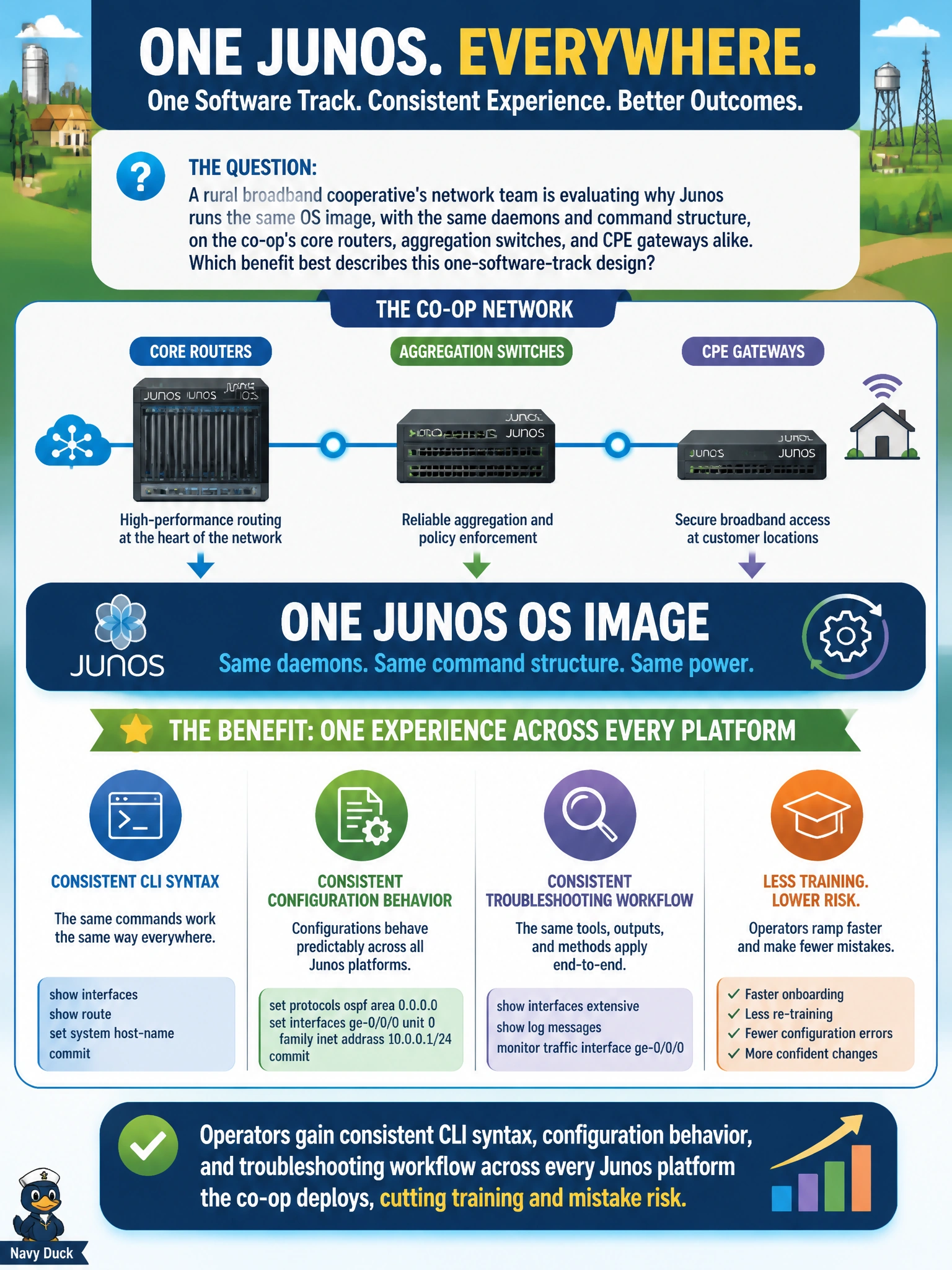 To Create an exciting colorful infographic that explains the concepts in the question: Question: A rural broadband cooperative's network team is evaluating why Junos runs the same OS image, with the same daemons and command structure, on the co-op's core routers, aggregation switches, and CPE gateways alike. Which benefit best describes this one-software-track design? Correct Answer: Operators gain consistent CLI syntax, configuration behavior, and troubleshooting workflow across every Junos platform the co-op deploys, cutting training and mistake risk. Put EVERY visible label in double quotes. No people. No A/B/C/D letters. In one of the four corners put a little "Navy Duck".
