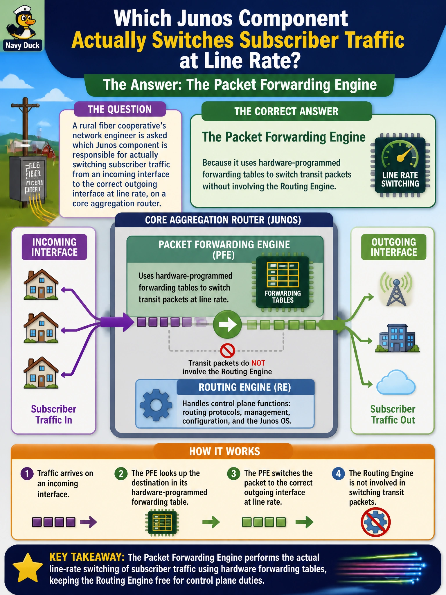 To Create an exciting colorful infographic that explains the concepts in the question: Question: A rural fiber cooperative's network engineer is asked which Junos component is responsible for actually switching subscriber traffic from an incoming interface to the correct outgoing interface at line rate, on a core aggregation router. Which component performs this function? Correct Answer: The Packet Forwarding Engine, because it uses hardware-programmed forwarding tables to switch transit packets without involving the Routing Engine. Put EVERY visible label in double quotes. No people. No A/B/C/D letters. In one of the four corners put a little "Navy Duck".