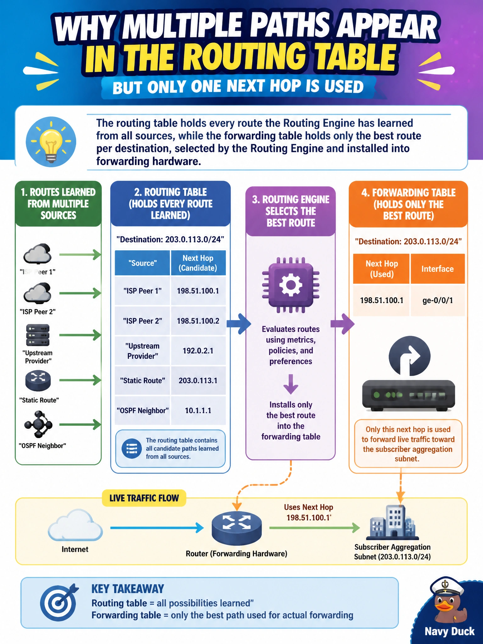 To Create an exciting colorful infographic that explains the concepts in the question: Question: An engineer at a regional ISP is troubleshooting why a router's routing table shows several candidate paths to a subscriber aggregation subnet, while only one specific next hop is actually used to forward live traffic toward that subnet. What explains this difference? Correct Answer: The routing table holds every route the Routing Engine has learned from all sources, while the forwarding table holds only the best route per destination, selected by the Routing Engine and installed into forwarding hardware. Put EVERY visible label in double quotes. No people. No A/B/C/D letters. In one of the four corners put a little "Navy Duck".
