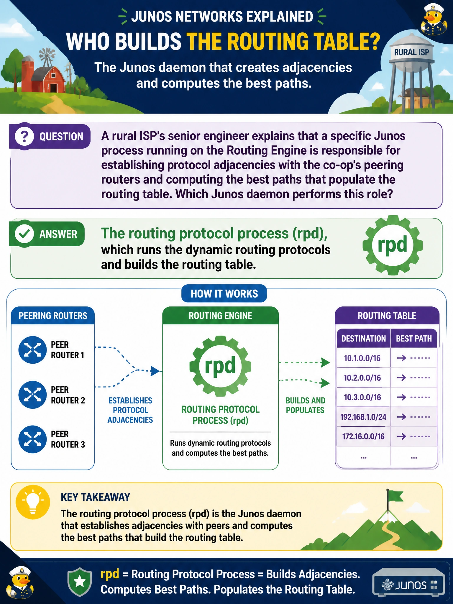 To Create an exciting colorful infographic that explains the concepts in the question: Question: A rural ISP's senior engineer explains that a specific Junos process running on the Routing Engine is responsible for establishing protocol adjacencies with the co-op's peering routers and computing the best paths that populate the routing table. Which Junos daemon performs this role? Correct Answer: The routing protocol process (rpd), which runs the dynamic routing protocols and builds the routing table. Put EVERY visible label in double quotes. No people. No A/B/C/D letters. In one of the four corners put a little "Navy Duck".