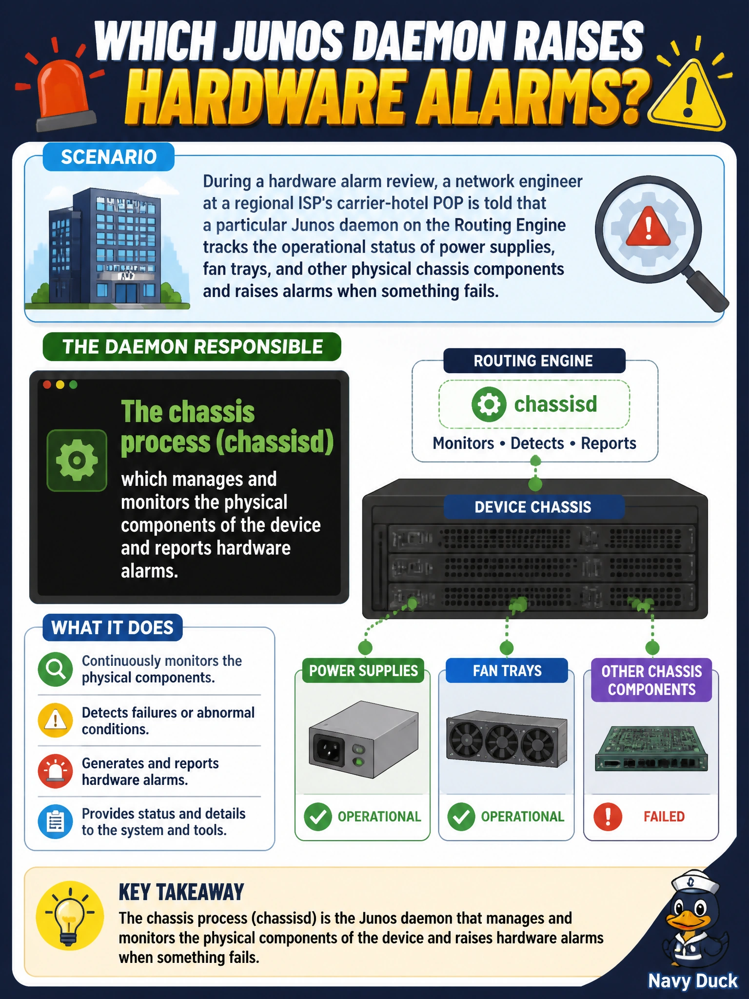 To Create an exciting colorful infographic that explains the concepts in the question: Question: During a hardware alarm review, a network engineer at a regional ISP's carrier-hotel POP is told that a particular Junos daemon on the Routing Engine tracks the operational status of power supplies, fan trays, and other physical chassis components and raises alarms when something fails. Which daemon is responsible for this? Correct Answer: The chassis process (chassisd), which manages and monitors the physical components of the device and reports hardware alarms. Put EVERY visible label in double quotes. No people. No A/B/C/D letters. In one of the four corners put a little "Navy Duck".
