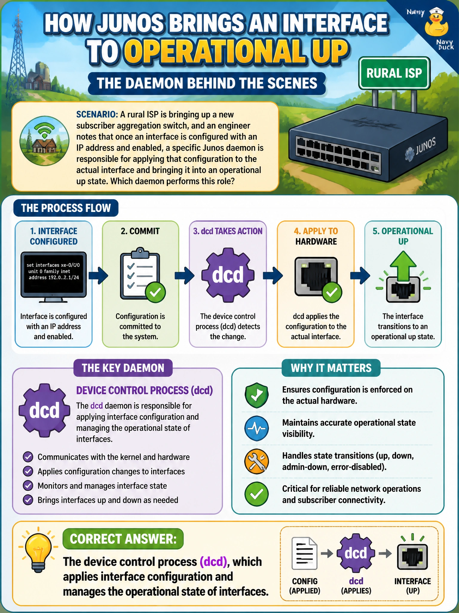 To Create an exciting colorful infographic that explains the concepts in the question: Question: A rural ISP is bringing up a new subscriber aggregation switch, and an engineer notes that once an interface is configured with an IP address and enabled, a specific Junos daemon is responsible for applying that configuration to the actual interface and bringing it into an operational up state. Which daemon performs this role? Correct Answer: The device control process (dcd), which applies interface configuration and manages the operational state of interfaces. Put EVERY visible label in double quotes. No people. No A/B/C/D letters. In one of the four corners put a little "Navy Duck".