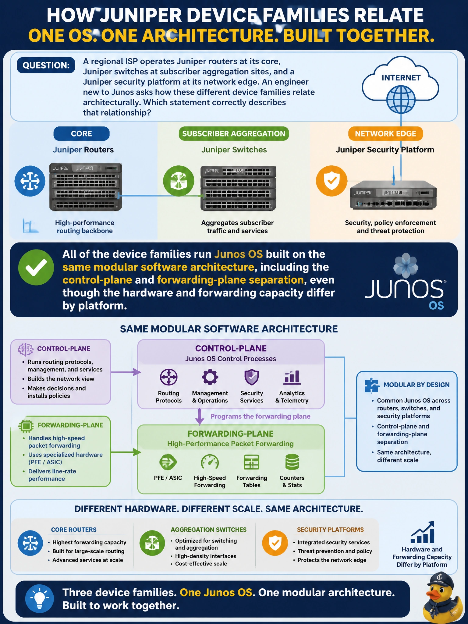 To Create an exciting colorful infographic that explains the concepts in the question: Question: A regional ISP operates Juniper routers at its core, Juniper switches at subscriber aggregation sites, and a Juniper security platform at its network edge. An engineer new to Junos asks how these different device families relate architecturally. Which statement correctly describes that relationship? Correct Answer: All of the device families run Junos OS built on the same modular software architecture, including the control-plane and forwarding-plane separation, even though the hardware and forwarding capacity differ by platform. Put EVERY visible label in double quotes. No people. No A/B/C/D letters. In one of the four corners put a little "Navy Duck".