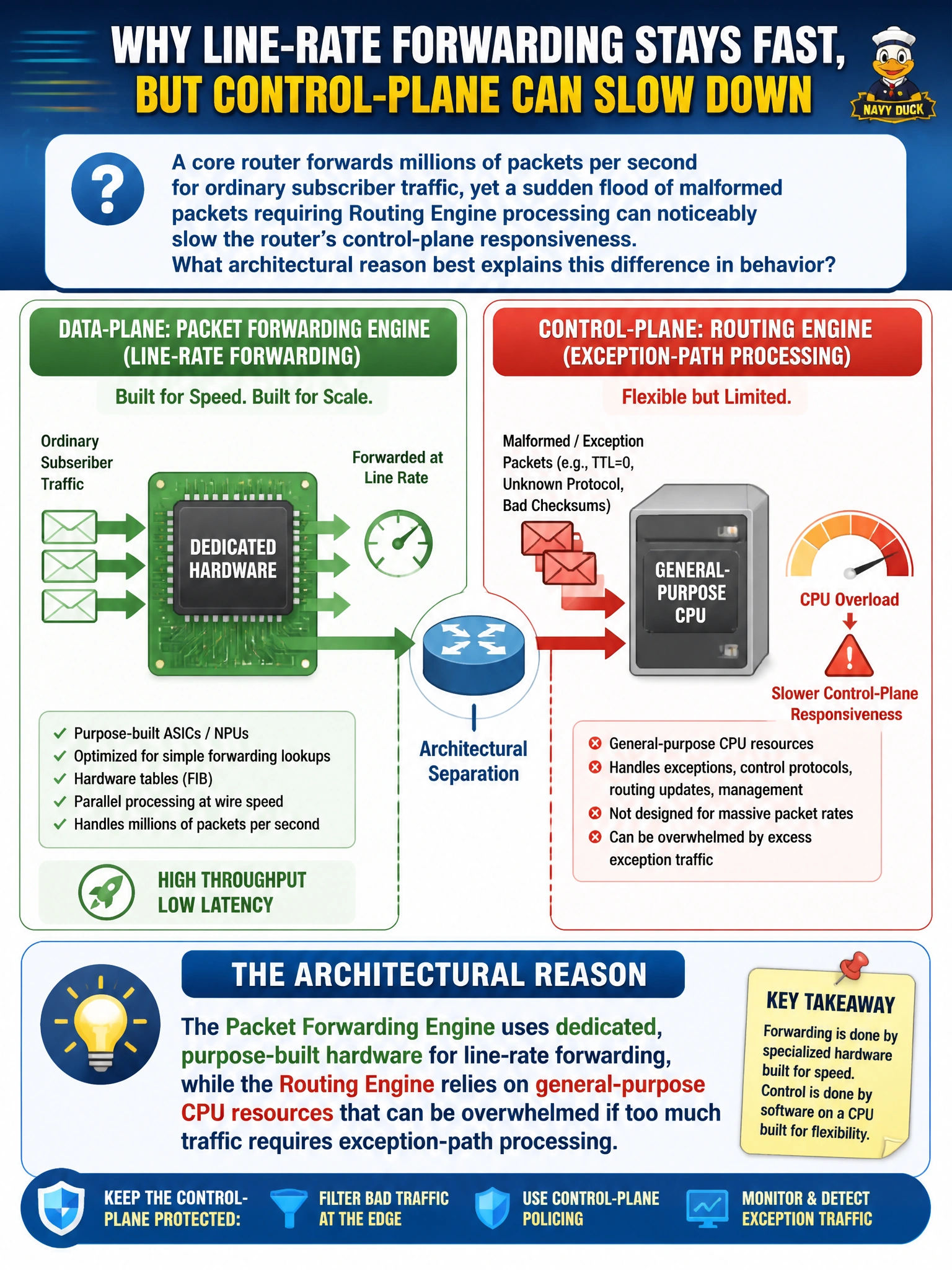 To Create an exciting colorful infographic that explains the concepts in the question: Question: An engineer at a regional ISP is asked why a core router forwards millions of packets per second for ordinary subscriber traffic, yet a sudden flood of malformed packets requiring Routing Engine processing can noticeably slow the router's control-plane responsiveness. What architectural reason best explains this difference in behavior? Correct Answer: The Packet Forwarding Engine uses dedicated, purpose-built hardware for line-rate forwarding, while the Routing Engine relies on general-purpose CPU resources that can be overwhelmed if too much traffic requires exception-path processing. Put EVERY visible label in double quotes. No people. No A/B/C/D letters. In one of the four corners put a little "Navy Duck".