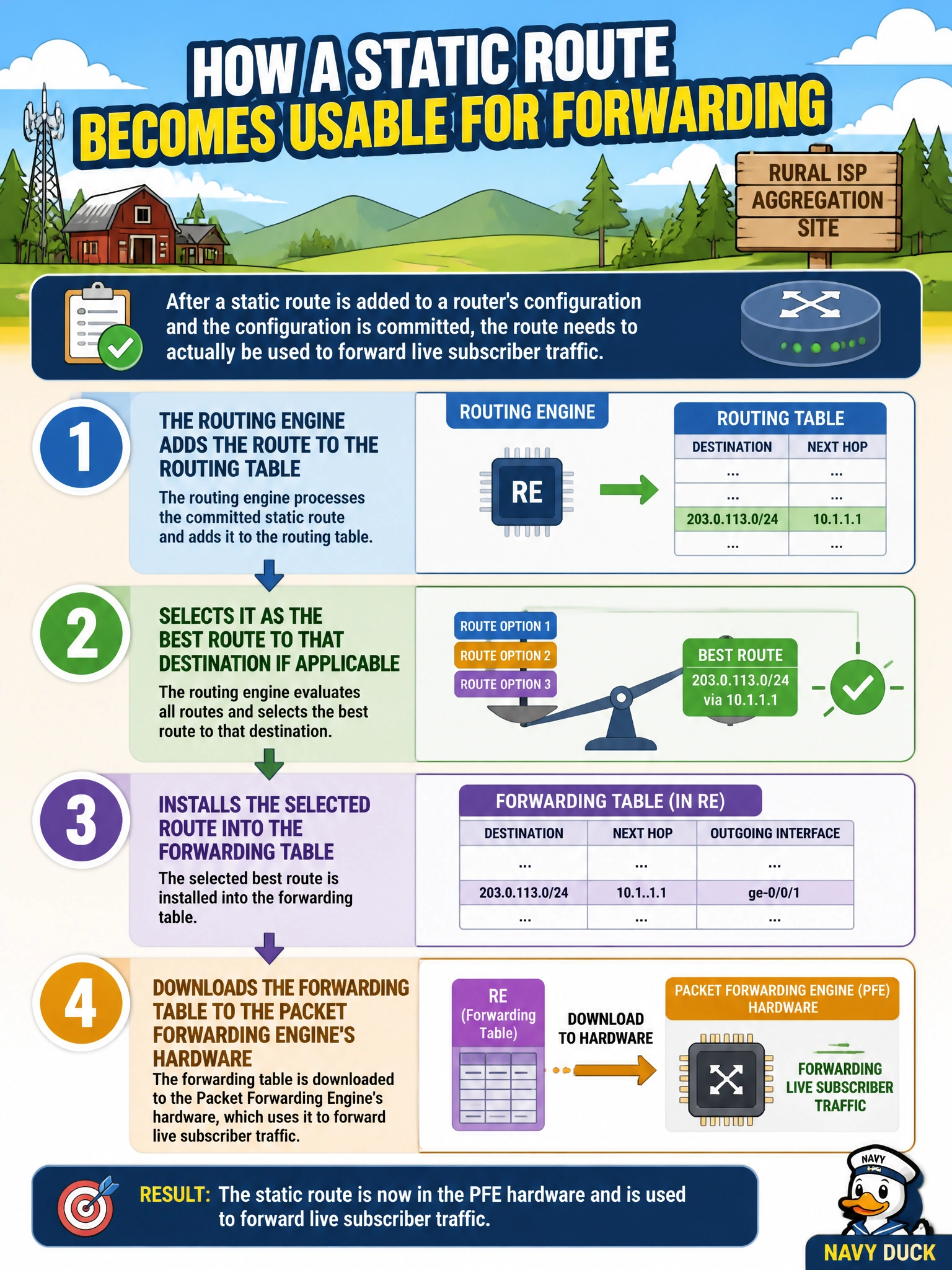 To Create an exciting colorful infographic that explains the concepts in the question: Question: After a static route is added to a router's configuration at a rural ISP's aggregation site and the configuration is committed, the route needs to actually be used to forward live subscriber traffic. Which sequence correctly describes how that route becomes usable for forwarding? Correct Answer: The Routing Engine adds the route to the routing table, selects it as the best route to that destination if applicable, and then installs the selected route into the forwarding table, which is downloaded to the Packet Forwarding Engine's hardware. Put EVERY visible label in double quotes. No people. No A/B/C/D letters. In one of the four corners put a little "Navy Duck".