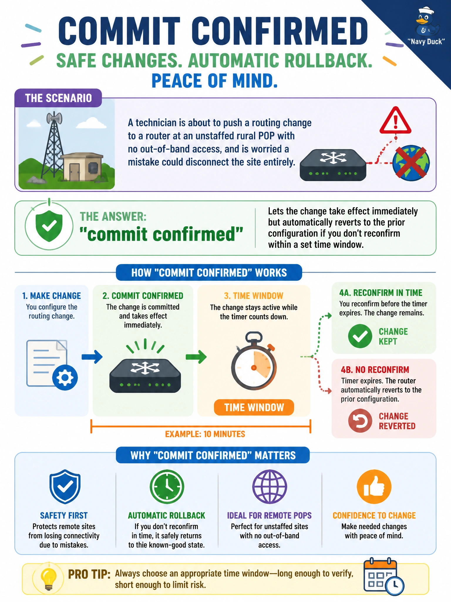 To Create an exciting colorful infographic that explains the concepts in the question: Question: A technician is about to push a routing change to a router at an unstaffed rural POP with no out-of-band access, and is worried a mistake could disconnect the site entirely. Which commit variant lets the change take effect immediately but automatically reverts to the prior configuration if the technician doesn't reconfirm within a set time window? Correct Answer: commit confirmed Put EVERY visible label in double quotes. No people. No A/B/C/D letters. In one of the four corners put a little "Navy Duck".