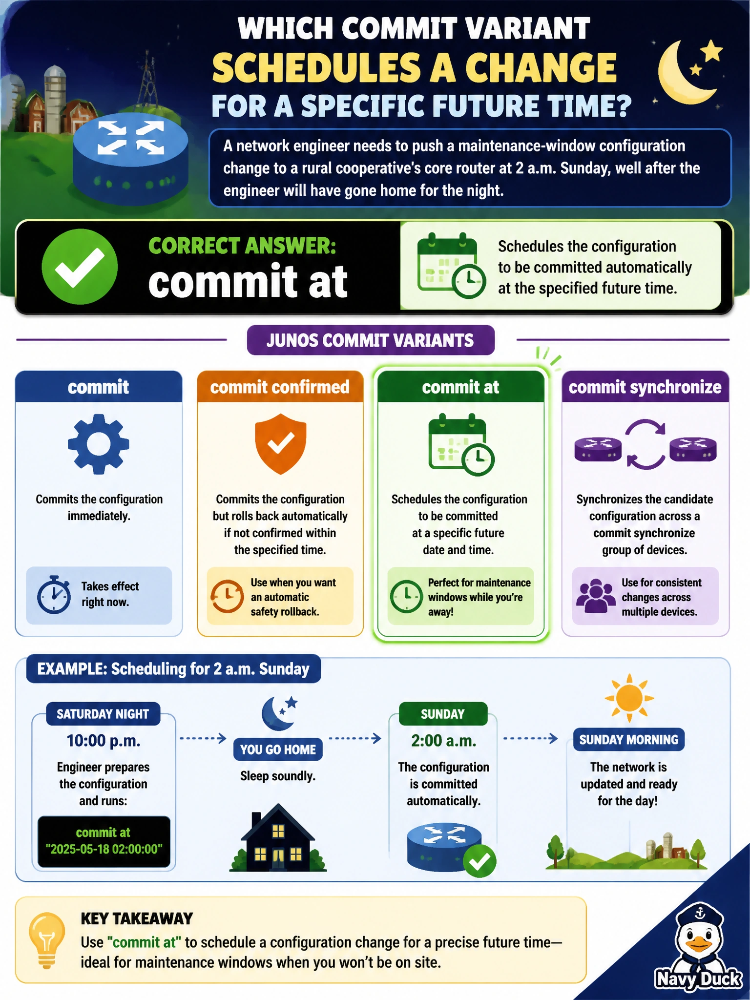 To Create an exciting colorful infographic that explains the concepts in the question: Question: A network engineer needs to push a maintenance-window configuration change to a rural cooperative's core router at 2 a.m. Sunday, well after the engineer will have gone home for the night. Which commit variant lets the change be scheduled to take effect at that specific future time? Correct Answer: commit at Put EVERY visible label in double quotes. No people. No A/B/C/D letters. In one of the four corners put a little "Navy Duck".