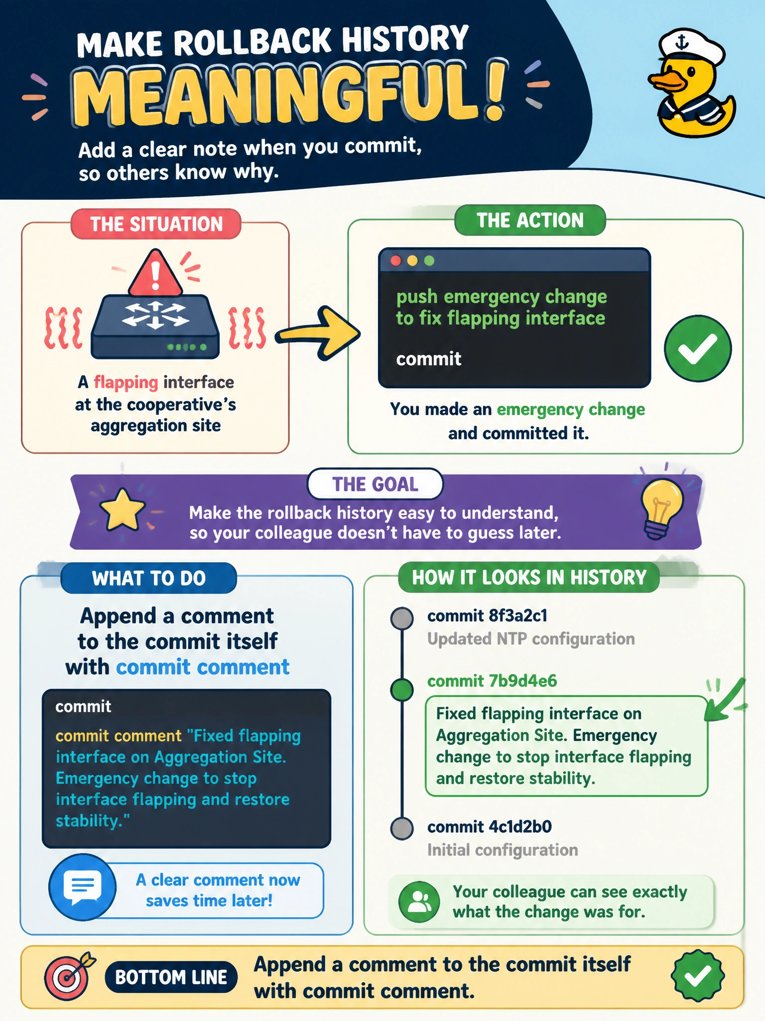 To Create an exciting colorful infographic that explains the concepts in the question: Question: After pushing an emergency change to fix a flapping interface at a cooperative's aggregation site, an engineer wants the rollback history to show a plain-language note explaining what the change was for, so a colleague reviewing the commit history later doesn't have to guess. What should the engineer do? Correct Answer: Append a comment to the commit itself with commit comment Put EVERY visible label in double quotes. No people. No A/B/C/D letters. In one of the four corners put a little "Navy Duck".