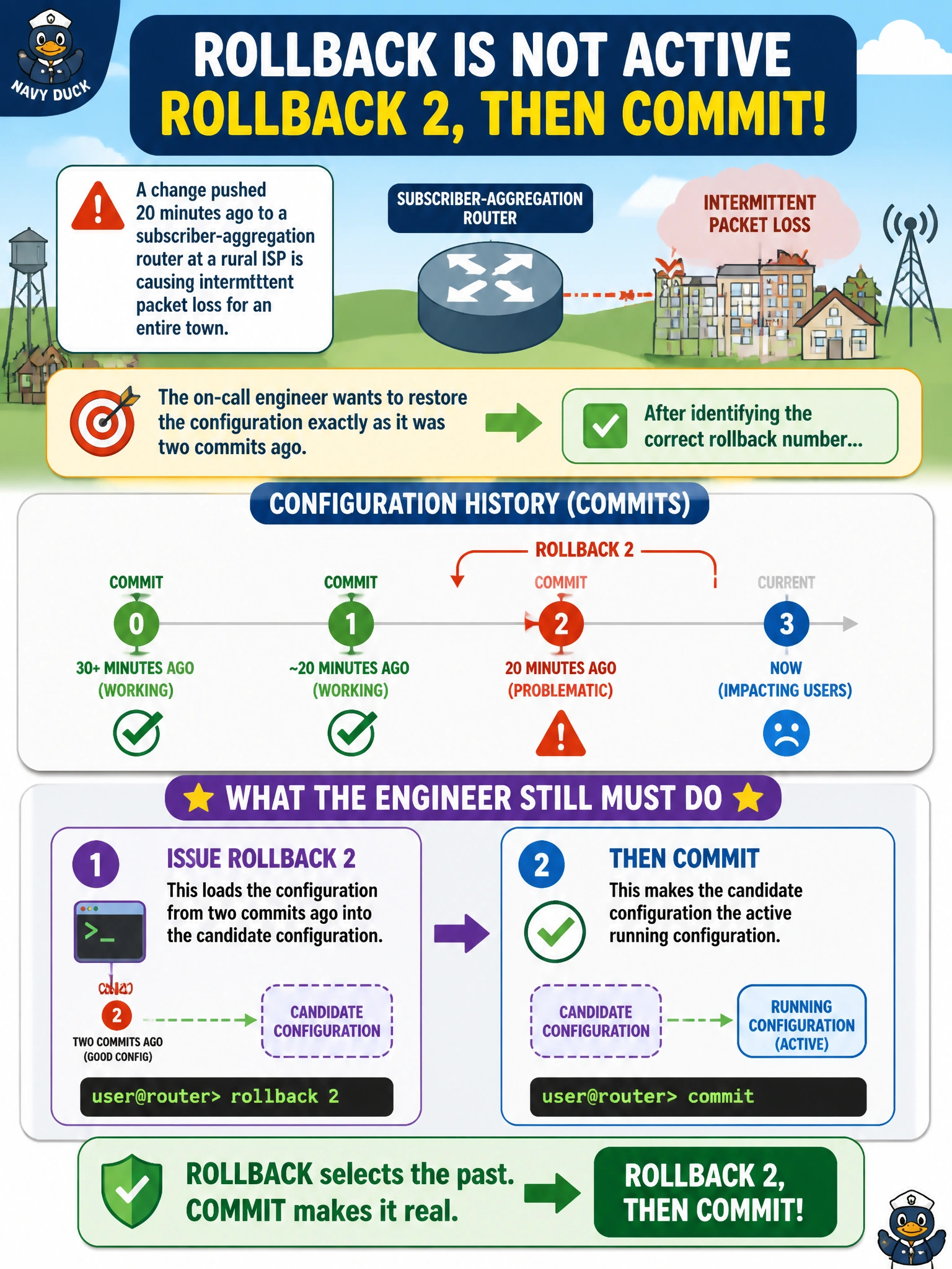To Create an exciting colorful infographic that explains the concepts in the question: Question: A change pushed 20 minutes ago to a subscriber-aggregation router at a rural ISP is causing intermittent packet loss for an entire town. The on-call engineer wants to restore the configuration exactly as it was two commits ago. After identifying the correct rollback number, what must the engineer still do to make that older configuration active on the router? Correct Answer: Issue rollback 2 to load it into the candidate configuration, then commit Put EVERY visible label in double quotes. No people. No A/B/C/D letters. In one of the four corners put a little "Navy Duck".