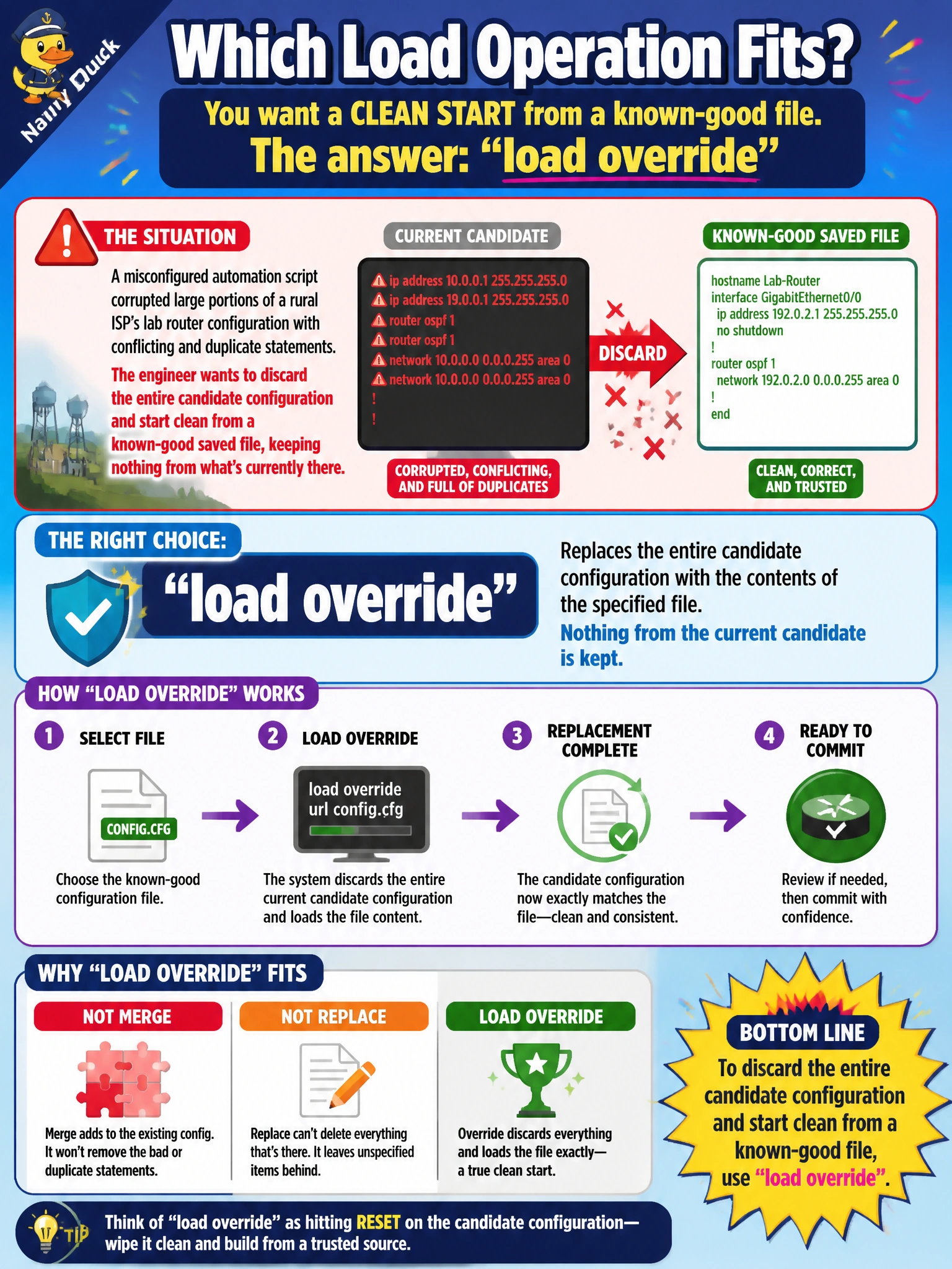 To Create an exciting colorful infographic that explains the concepts in the question: Question: A misconfigured automation script corrupted large portions of a rural ISP's lab router configuration with conflicting and duplicate statements, and an engineer wants to discard the entire candidate configuration and start clean from a known-good saved file, keeping nothing from what's currently there. Which load operation fits? Correct Answer: load override Put EVERY visible label in double quotes. No people. No A/B/C/D letters. In one of the four corners put a little "Navy Duck".