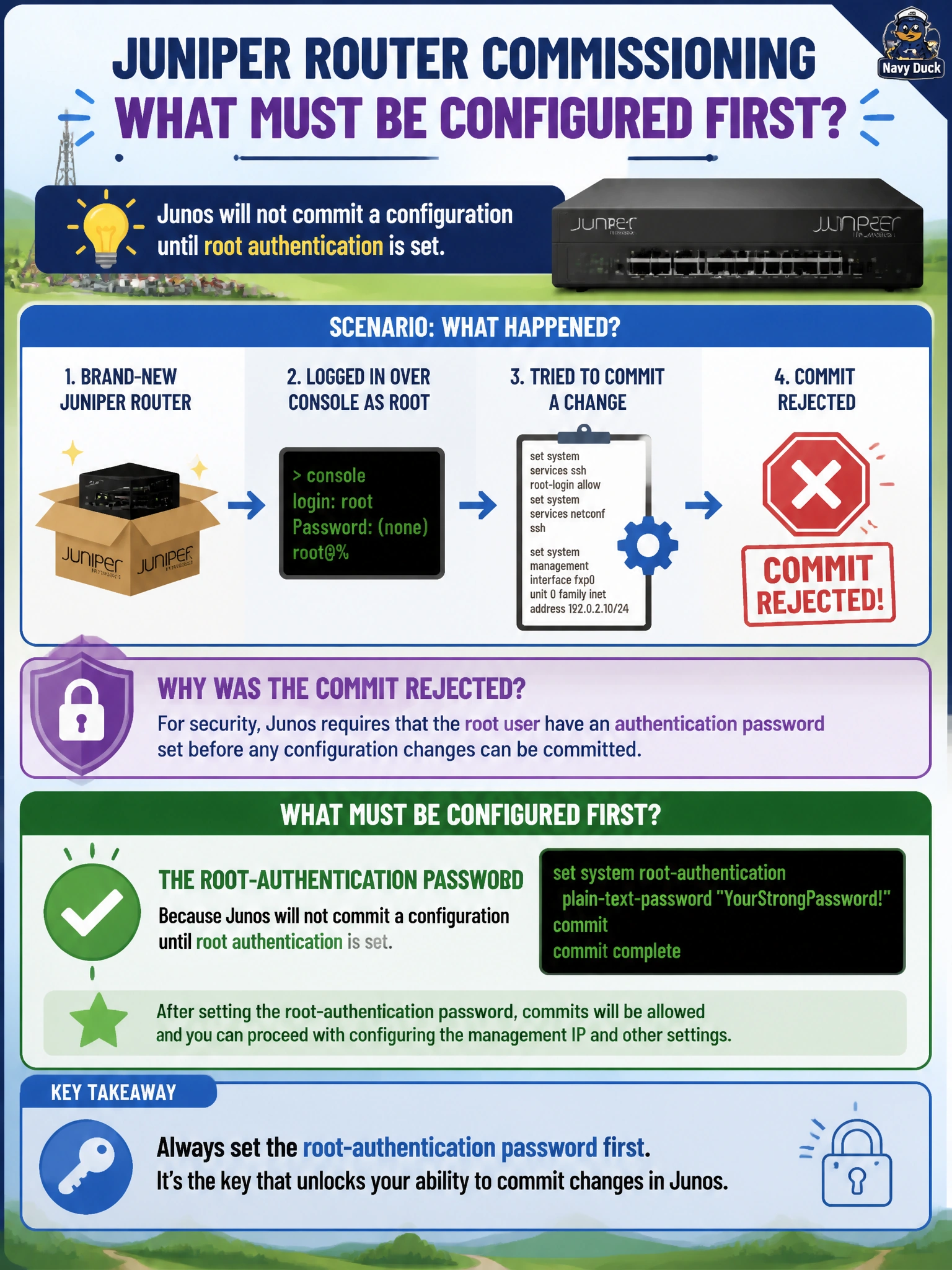 To Create an exciting colorful infographic that explains the concepts in the question: Question: A field technician receives a brand-new Juniper router to commission as a POP node for a rural broadband cooperative. Fresh out of the box, the technician logs in over the console as root with no password prompted and tries to commit a change to enable a management IP address, but the commit is rejected. What must be configured first? Correct Answer: The root-authentication password, because Junos will not commit a configuration until root authentication is set. Put EVERY visible label in double quotes. No people. No A/B/C/D letters. In one of the four corners put a little "Navy Duck".