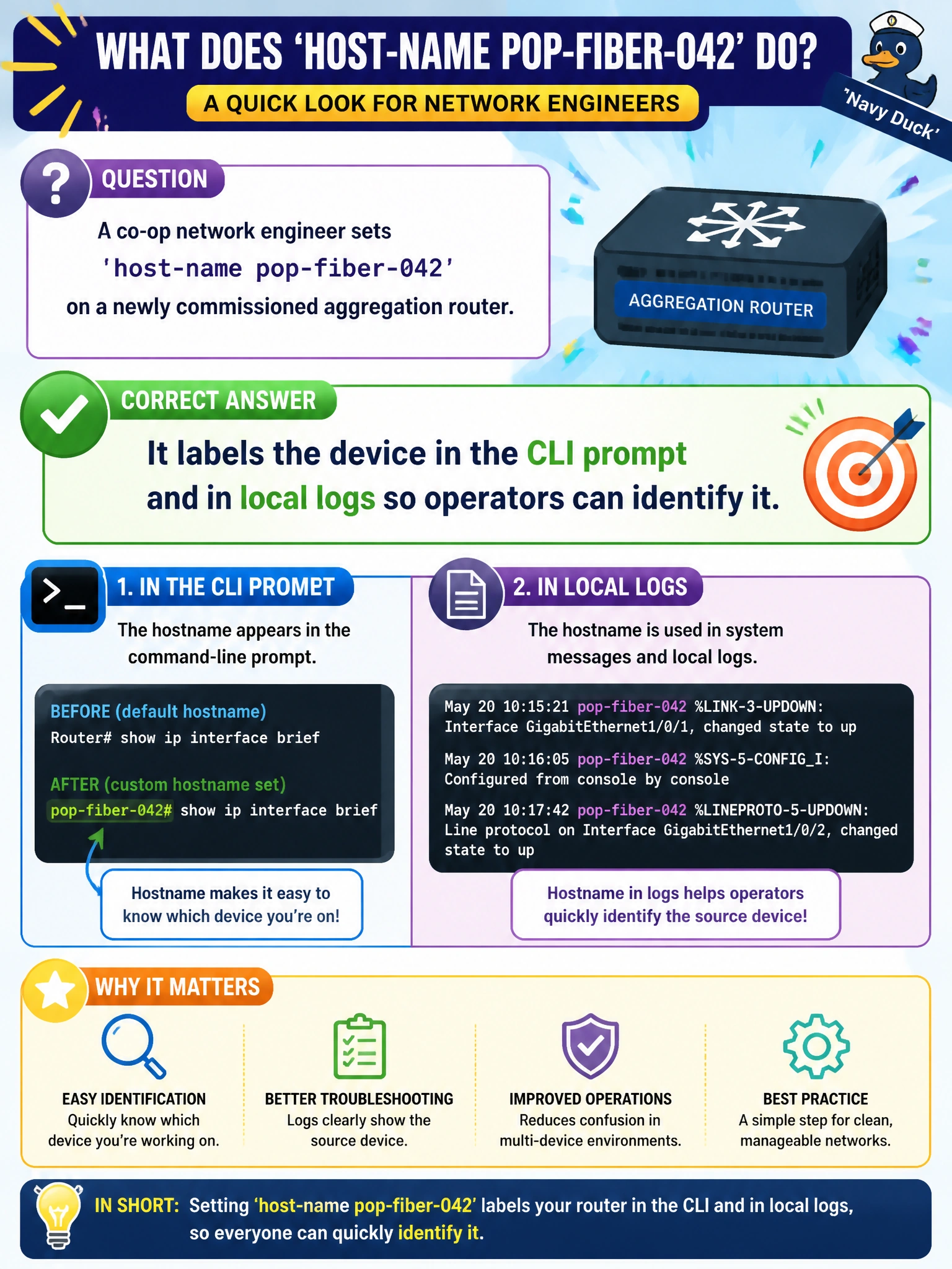 To Create an exciting colorful infographic that explains the concepts in the question: Question: A co-op network engineer sets 'host-name pop-fiber-042' on a newly commissioned aggregation router. What is the primary effect of this configuration statement? Correct Answer: It labels the device in the CLI prompt and in local logs so operators can identify it. Put EVERY visible label in double quotes. No people. No A/B/C/D letters. In one of the four corners put a little "Navy Duck".