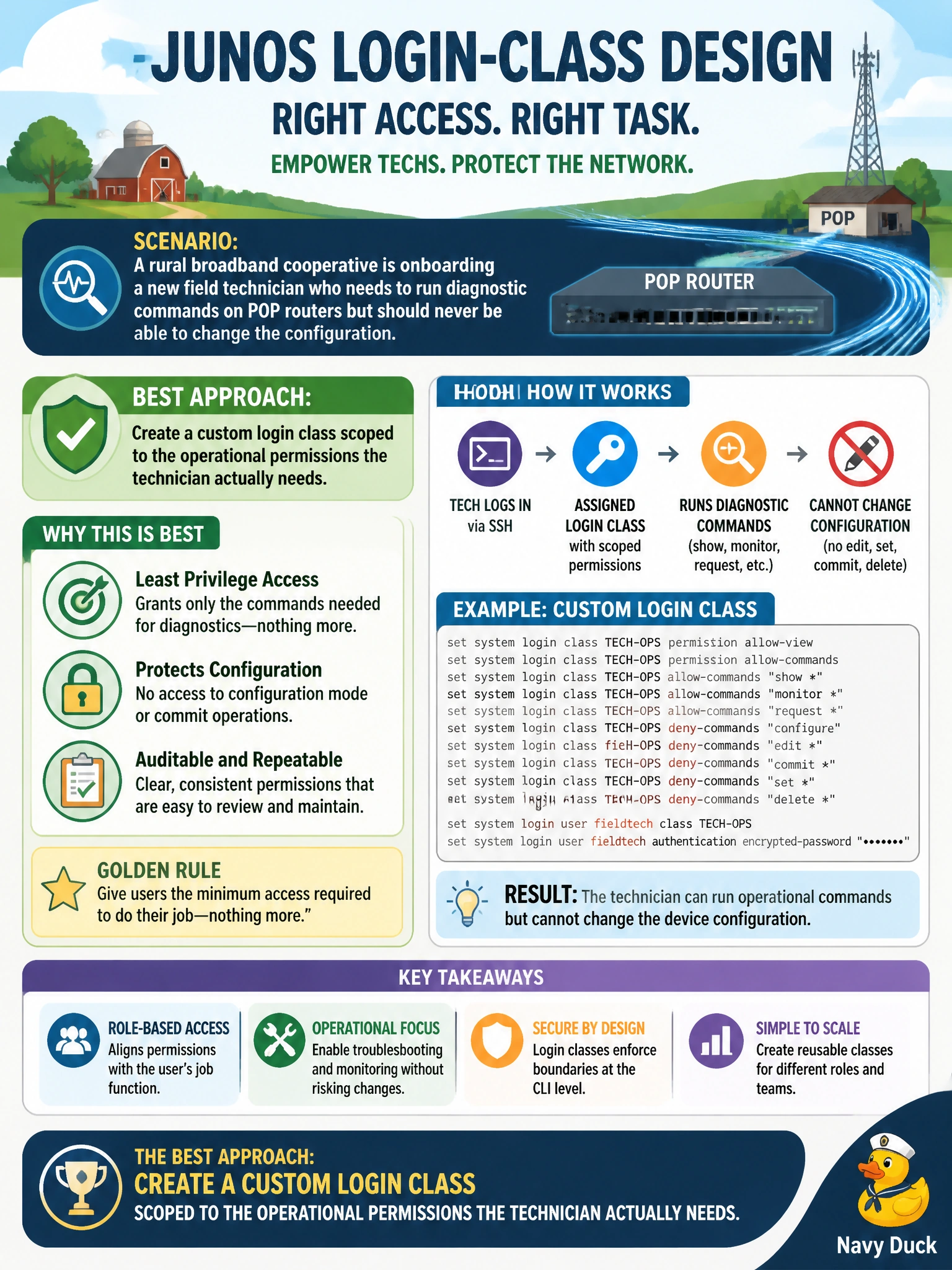 To Create an exciting colorful infographic that explains the concepts in the question: Question: A rural broadband cooperative is onboarding a new field technician who needs to run diagnostic commands on POP routers but should never be able to change the configuration. Which approach best reflects Junos login-class design? Correct Answer: Create a custom login class scoped to the operational permissions the technician actually needs. Put EVERY visible label in double quotes. No people. No A/B/C/D letters. In one of the four corners put a little "Navy Duck".