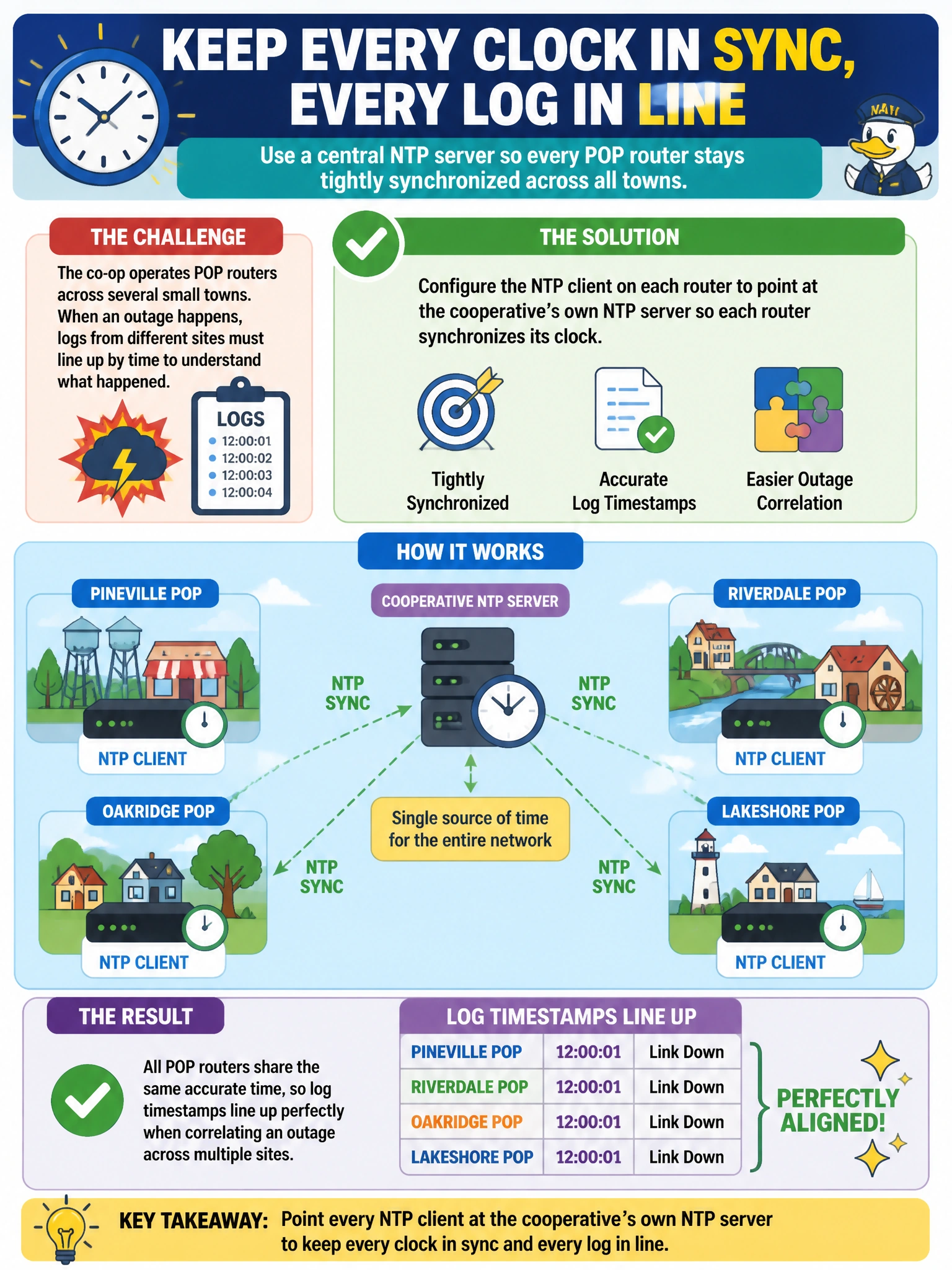 To Create an exciting colorful infographic that explains the concepts in the question: Question: A co-op operates POP routers across several small towns and wants their system clocks to stay tightly synchronized so that log timestamps line up when correlating an outage across multiple sites. Which configuration accomplishes this? Correct Answer: Configuring the NTP client to point at the cooperative's own NTP server so each router synchronizes its clock. Put EVERY visible label in double quotes. No people. No A/B/C/D letters. In one of the four corners put a little "Navy Duck".