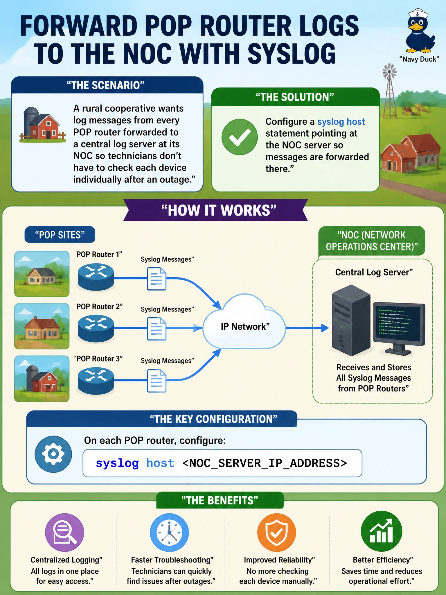 To Create an exciting colorful infographic that explains the concepts in the question: Question: A rural cooperative wants log messages from every POP router forwarded to a central log server at its NOC so technicians don't have to check each device individually after an outage. Which configuration accomplishes this? Correct Answer: Configure a syslog host statement pointing at the NOC server so messages are forwarded there. Put EVERY visible label in double quotes. No people. No A/B/C/D letters. In one of the four corners put a little "Navy Duck".