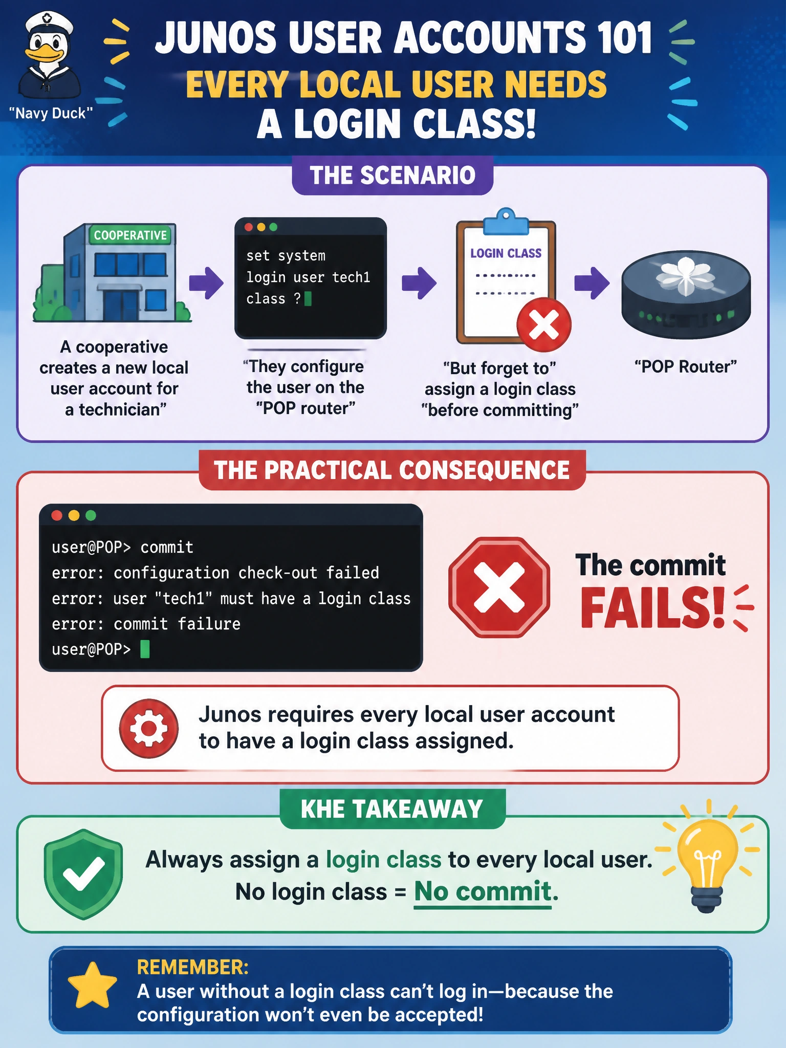 To Create an exciting colorful infographic that explains the concepts in the question: Question: A cooperative creates a new local user account for a technician on a POP router but forgets to assign a login class before committing. What is the practical consequence? Correct Answer: The commit fails, because Junos requires every local user account to have a login class assigned. Put EVERY visible label in double quotes. No people. No A/B/C/D letters. In one of the four corners put a little "Navy Duck".