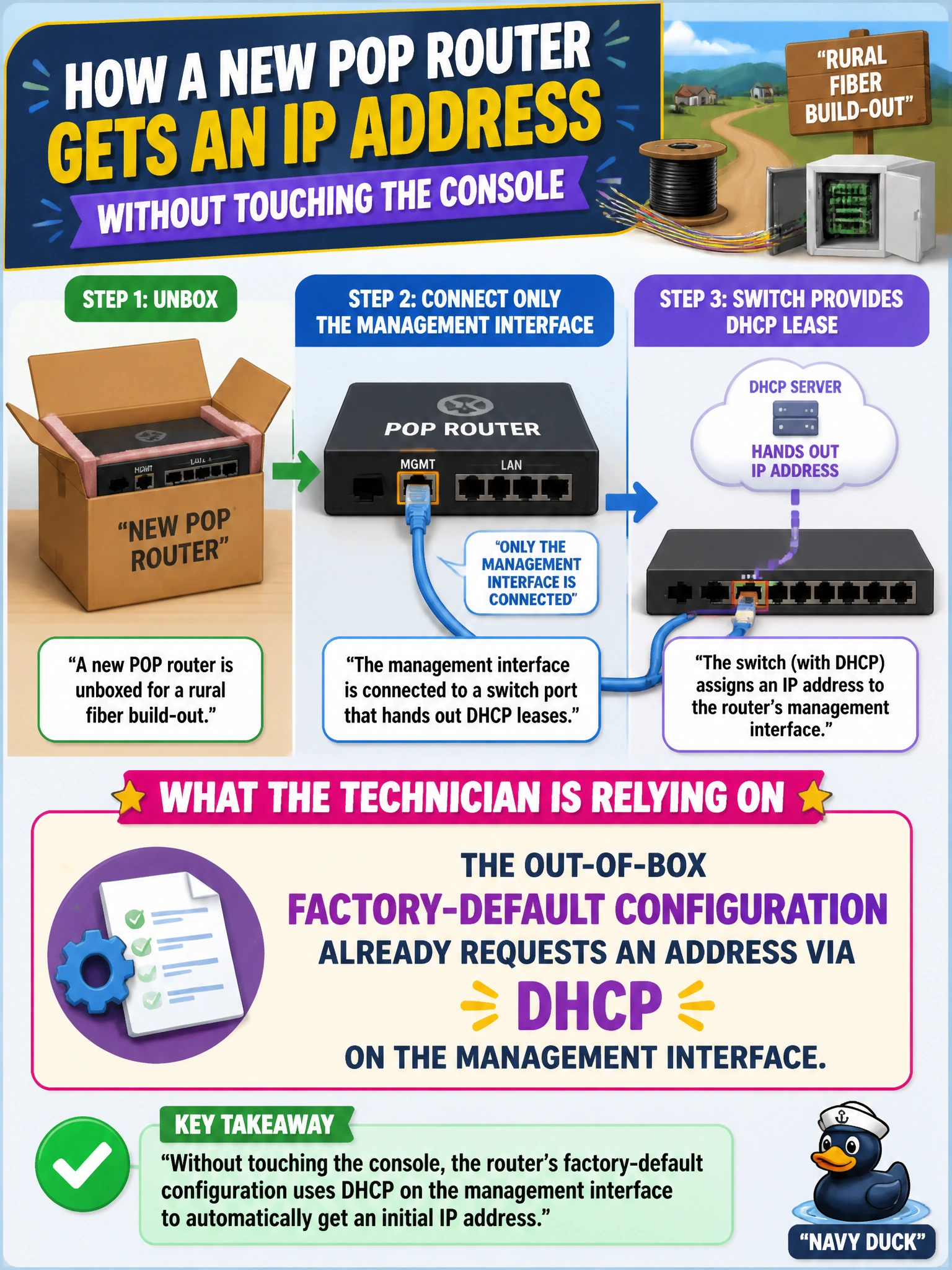 To Create an exciting colorful infographic that explains the concepts in the question: Question: A technician unboxes a new POP router for a rural fiber build-out and connects only the management interface to a switch port that hands out DHCP leases, without touching the console. What is a technician relying on to get an initial address this way? Correct Answer: The out-of-box factory-default configuration already requests an address via DHCP on the management interface. Put EVERY visible label in double quotes. No people. No A/B/C/D letters. In one of the four corners put a little "Navy Duck".