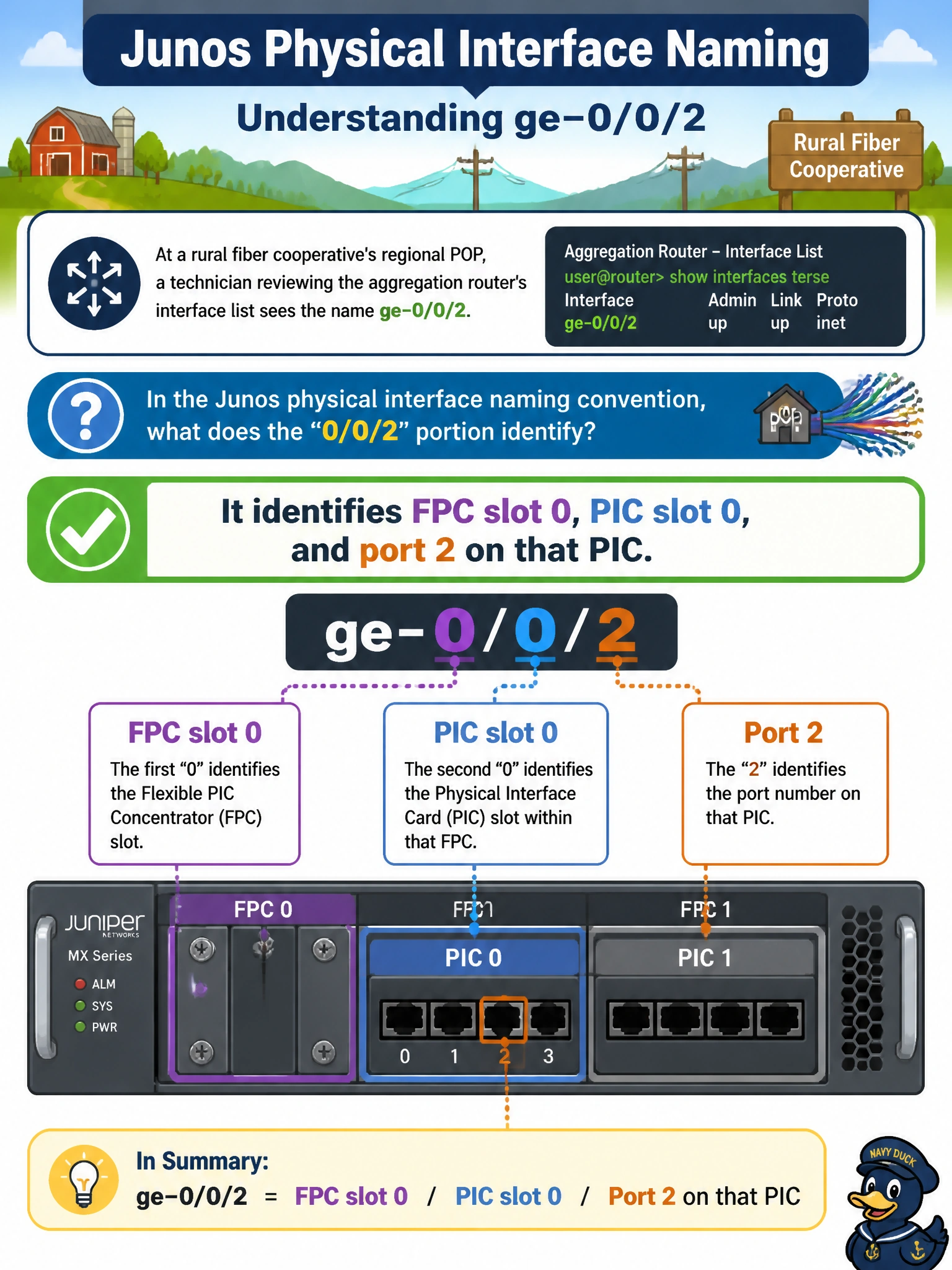 To Create an exciting colorful infographic that explains the concepts in the question: Question: At a rural fiber cooperative's regional POP, a technician reviewing the aggregation router's interface list sees the name ge-0/0/2. In the Junos physical interface naming convention, what does the "0/0/2" portion identify? Correct Answer: It identifies FPC slot 0, PIC slot 0, and port 2 on that PIC Put EVERY visible label in double quotes. No people. No A/B/C/D letters. In one of the four corners put a little "Navy Duck".