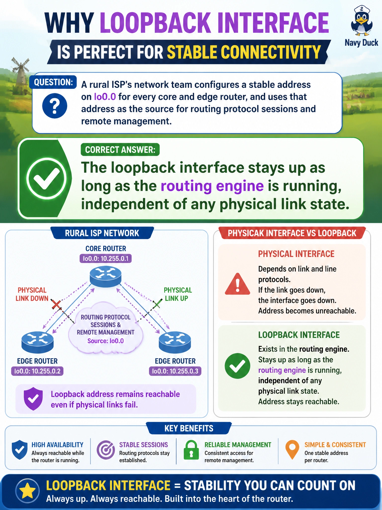 To Create an exciting colorful infographic that explains the concepts in the question: Question: A rural ISP's network team configures a stable address on lo0.0 for every core and edge router, and uses that address as the source for routing protocol sessions and remote management. What makes the loopback interface well-suited for that role? Correct Answer: The loopback interface stays up as long as the routing engine is running, independent of any physical link state Put EVERY visible label in double quotes. No people. No A/B/C/D letters. In one of the four corners put a little "Navy Duck".