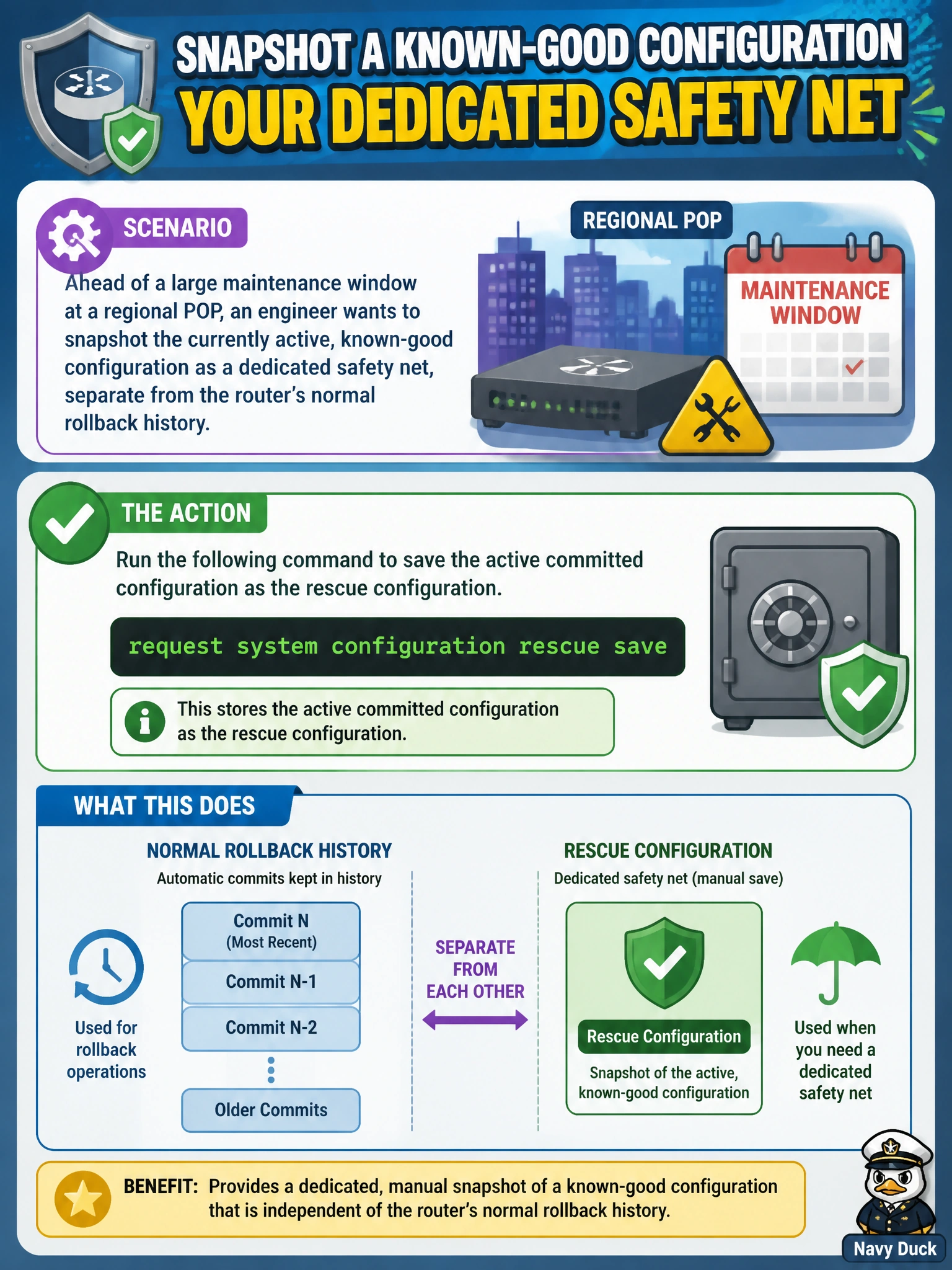 To Create an exciting colorful infographic that explains the concepts in the question: Question: Ahead of a large maintenance window at a regional POP, an engineer wants to snapshot the currently active, known-good configuration as a dedicated safety net, separate from the router's normal rollback history. Which action accomplishes that? Correct Answer: Run request system configuration rescue save to store the active committed configuration as the rescue configuration Put EVERY visible label in double quotes. No people. No A/B/C/D letters. In one of the four corners put a little "Navy Duck".