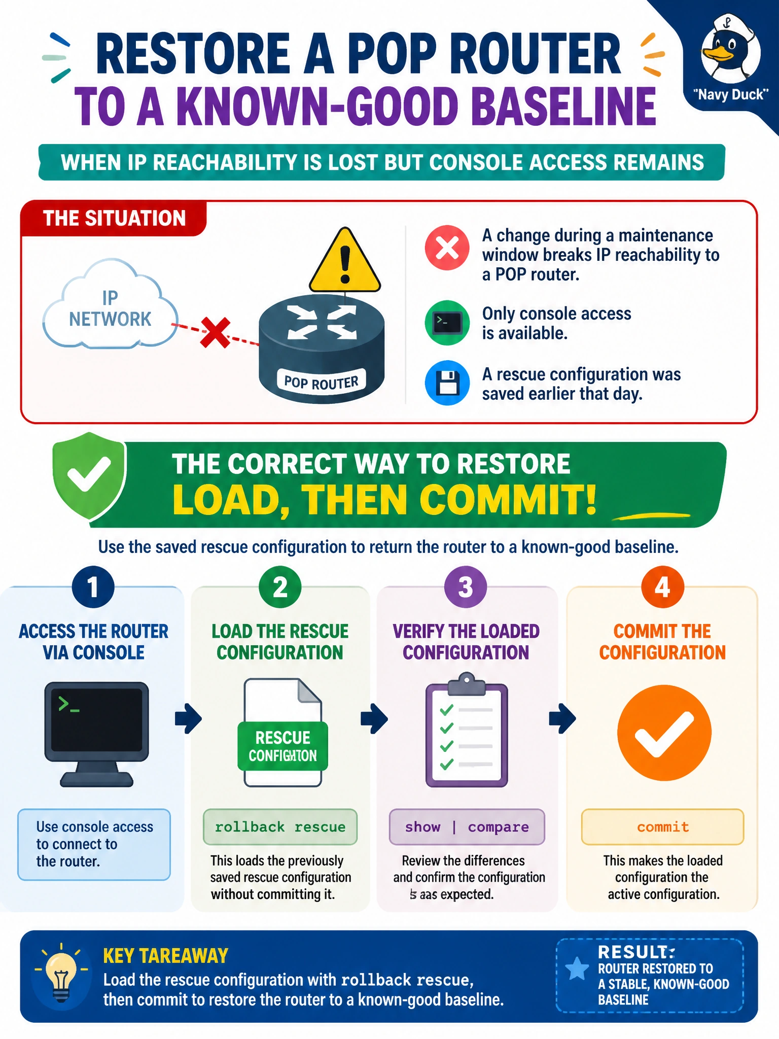 To Create an exciting colorful infographic that explains the concepts in the question: Question: A change during a maintenance window breaks IP reachability to a POP router, leaving only console access available. A rescue configuration was saved earlier that day. What is the correct way to restore the router to that known-good baseline? Correct Answer: Load the rescue configuration with rollback rescue, then commit Put EVERY visible label in double quotes. No people. No A/B/C/D letters. In one of the four corners put a little "Navy Duck".
