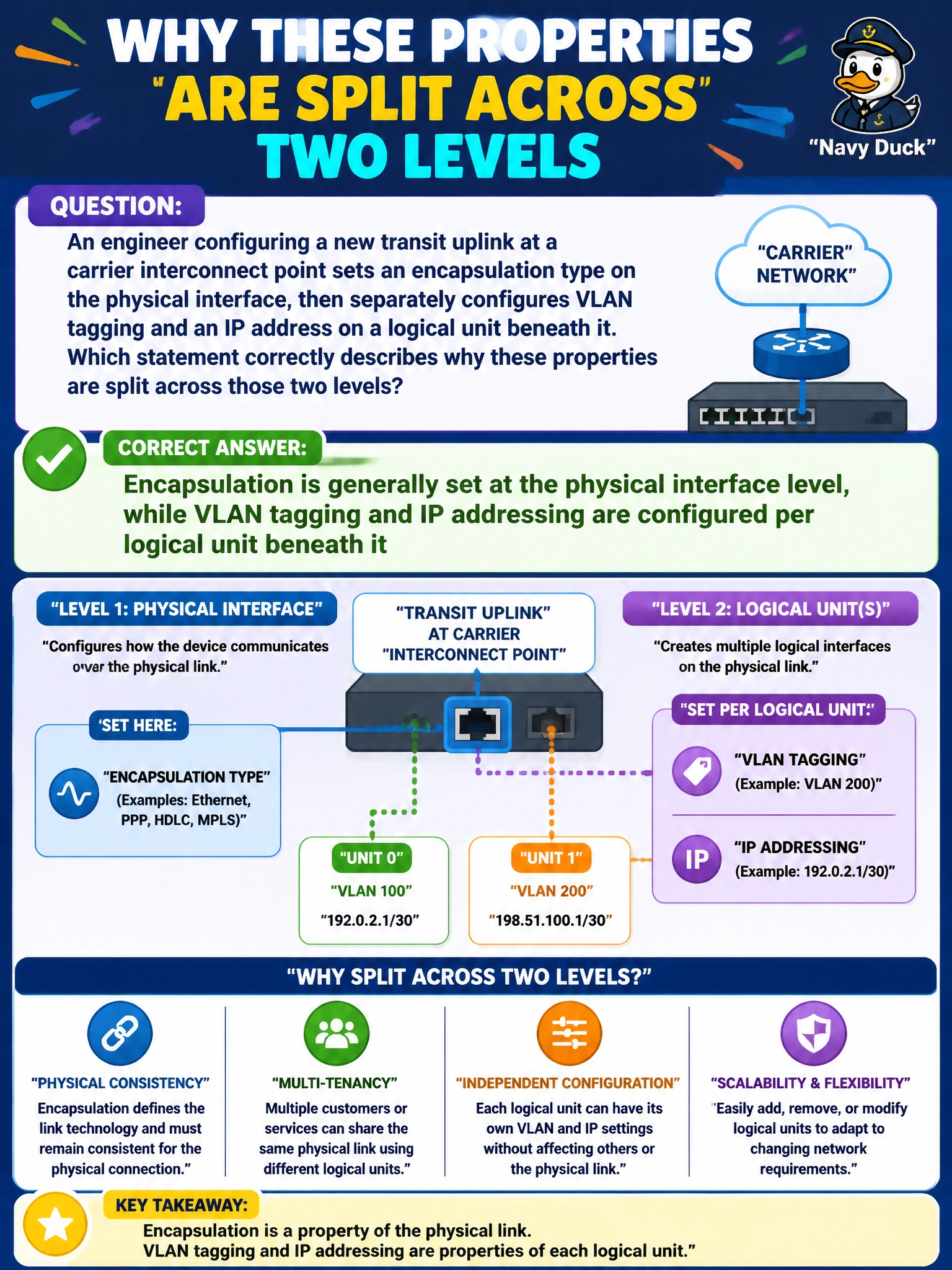 To Create an exciting colorful infographic that explains the concepts in the question: Question: An engineer configuring a new transit uplink at a carrier interconnect point sets an encapsulation type on the physical interface, then separately configures VLAN tagging and an IP address on a logical unit beneath it. Which statement correctly describes why these properties are split across those two levels? Correct Answer: Encapsulation is generally set at the physical interface level, while VLAN tagging and IP addressing are configured per logical unit beneath it Put EVERY visible label in double quotes. No people. No A/B/C/D letters. In one of the four corners put a little "Navy Duck".