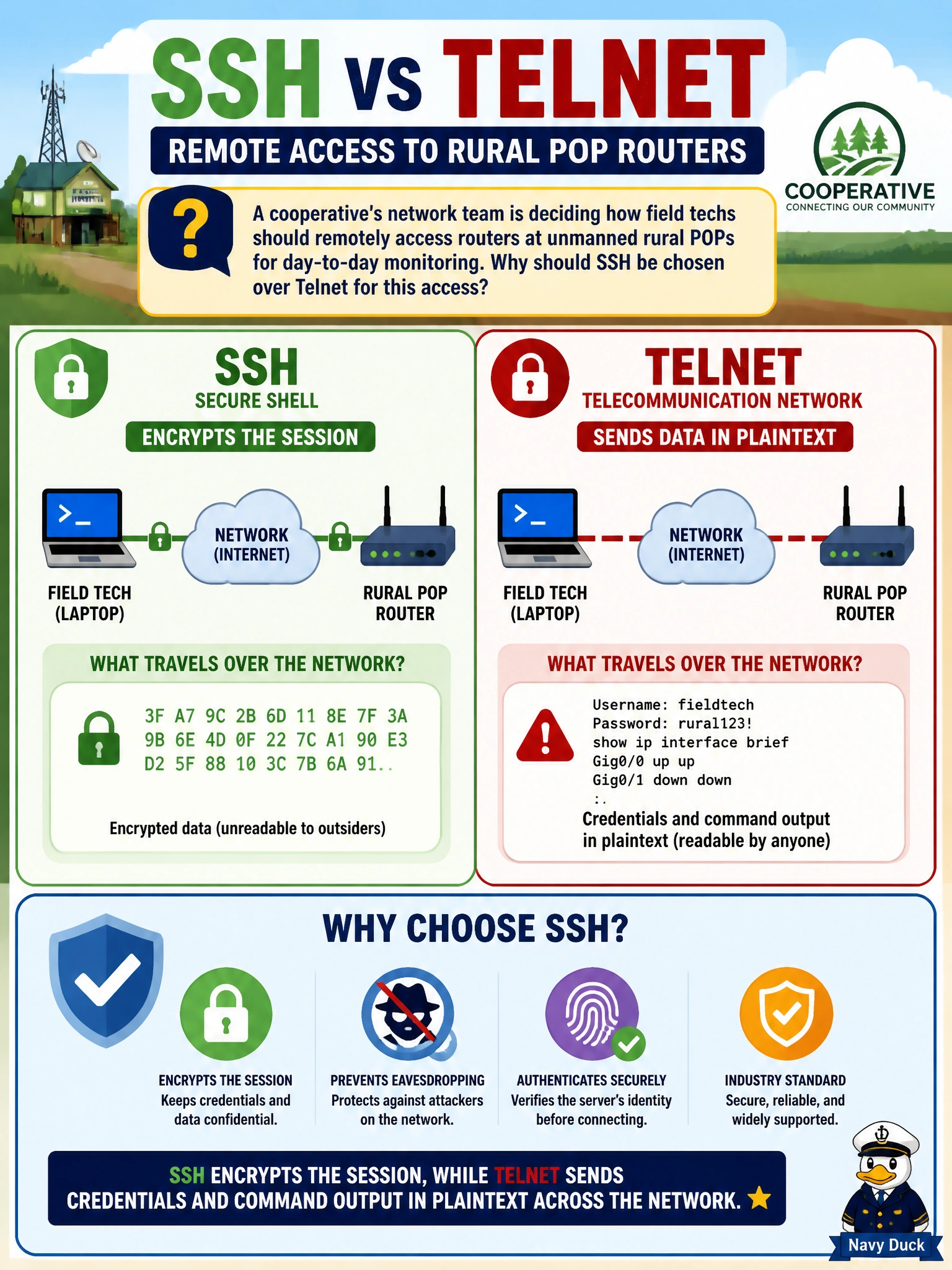 To Create an exciting colorful infographic that explains the concepts in the question: Question: A cooperative's network team is deciding how field techs should remotely access routers at unmanned rural POPs for day-to-day monitoring. Why should SSH be chosen over Telnet for this access? Correct Answer: SSH encrypts the session, while Telnet sends credentials and command output in plaintext across the network Put EVERY visible label in double quotes. No people. No A/B/C/D letters. In one of the four corners put a little "Navy Duck".