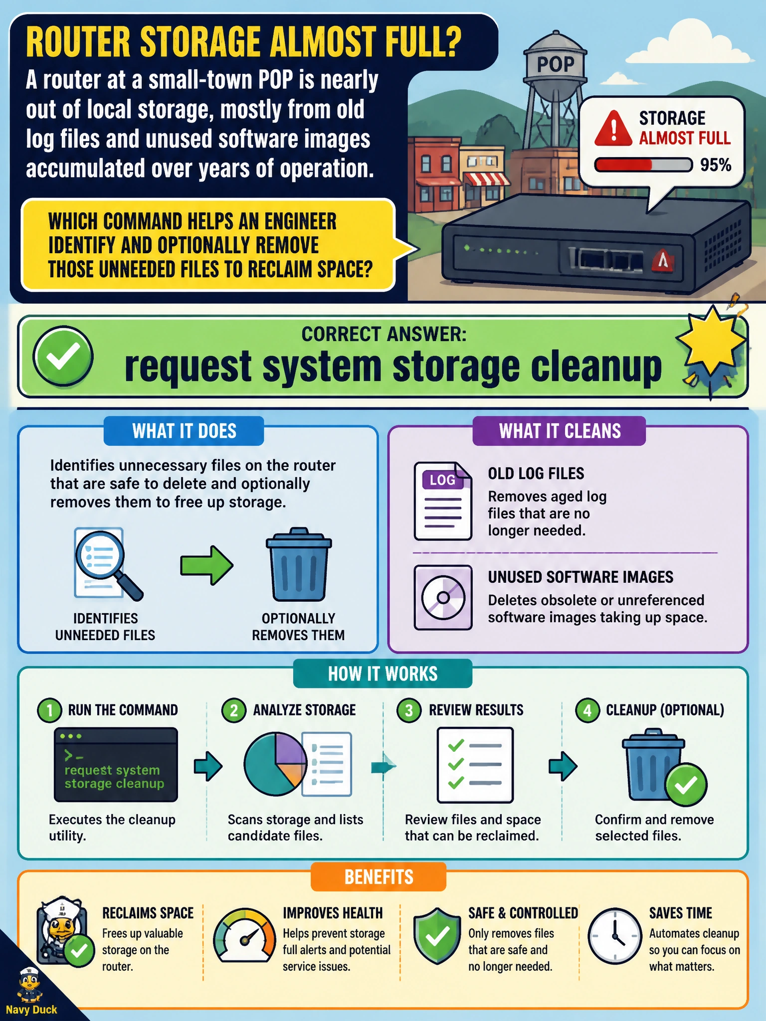 To Create an exciting colorful infographic that explains the concepts in the question: Question: A router at a small-town POP is nearly out of local storage, mostly from old log files and unused software images accumulated over years of operation. Which command helps an engineer identify and optionally remove those unneeded files to reclaim space? Correct Answer: request system storage cleanup Put EVERY visible label in double quotes. No people. No A/B/C/D letters. In one of the four corners put a little "Navy Duck".