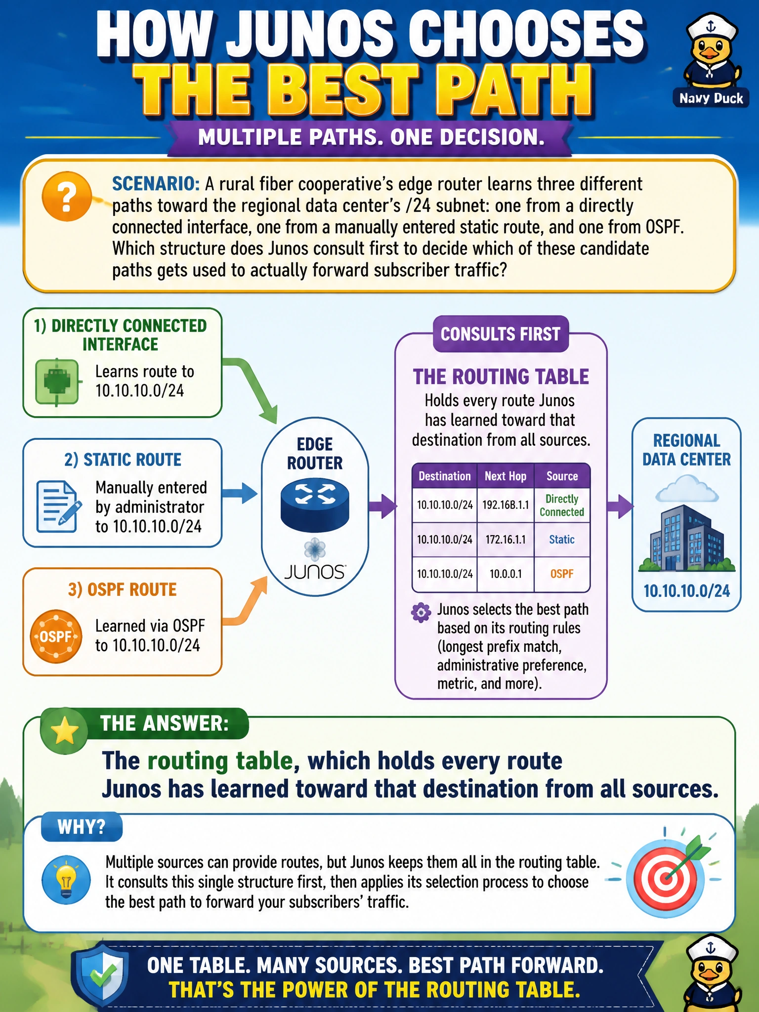 To Create an exciting colorful infographic that explains the concepts in the question: Question: A rural fiber cooperative's edge router learns three different paths toward the regional data center's /24 subnet: one from a directly connected interface, one from a manually entered static route, and one from OSPF. Which structure does Junos consult first to decide which of these candidate paths gets used to actually forward subscriber traffic? Correct Answer: The routing table, which holds every route Junos has learned toward that destination from all sources Put EVERY visible label in double quotes. No people. No A/B/C/D letters. In one of the four corners put a little "Navy Duck".