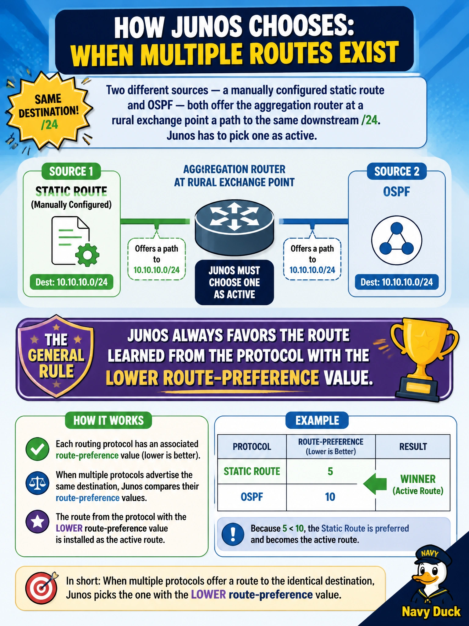 To Create an exciting colorful infographic that explains the concepts in the question: Question: Two different sources — a manually configured static route and OSPF — both offer the aggregation router at a rural exchange point a path to the same downstream /24. Junos has to pick one as active. What general rule governs that choice when multiple protocols offer a route to the identical destination? Correct Answer: Junos always favors the route learned from the protocol with the lower route-preference value Put EVERY visible label in double quotes. No people. No A/B/C/D letters. In one of the four corners put a little "Navy Duck".