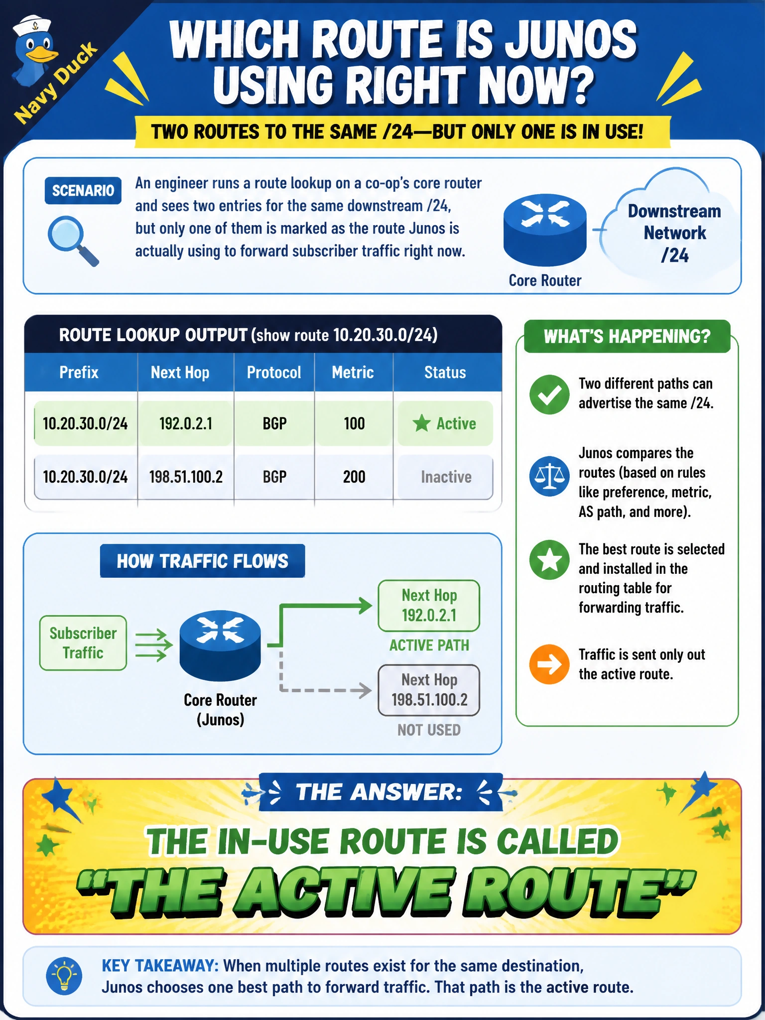 To Create an exciting colorful infographic that explains the concepts in the question: Question: An engineer runs a route lookup on a co-op's core router and sees two entries for the same downstream /24, but only one of them is marked as the route Junos is actually using to forward subscriber traffic right now. What is that in-use route called? Correct Answer: The active route Put EVERY visible label in double quotes. No people. No A/B/C/D letters. In one of the four corners put a little "Navy Duck".