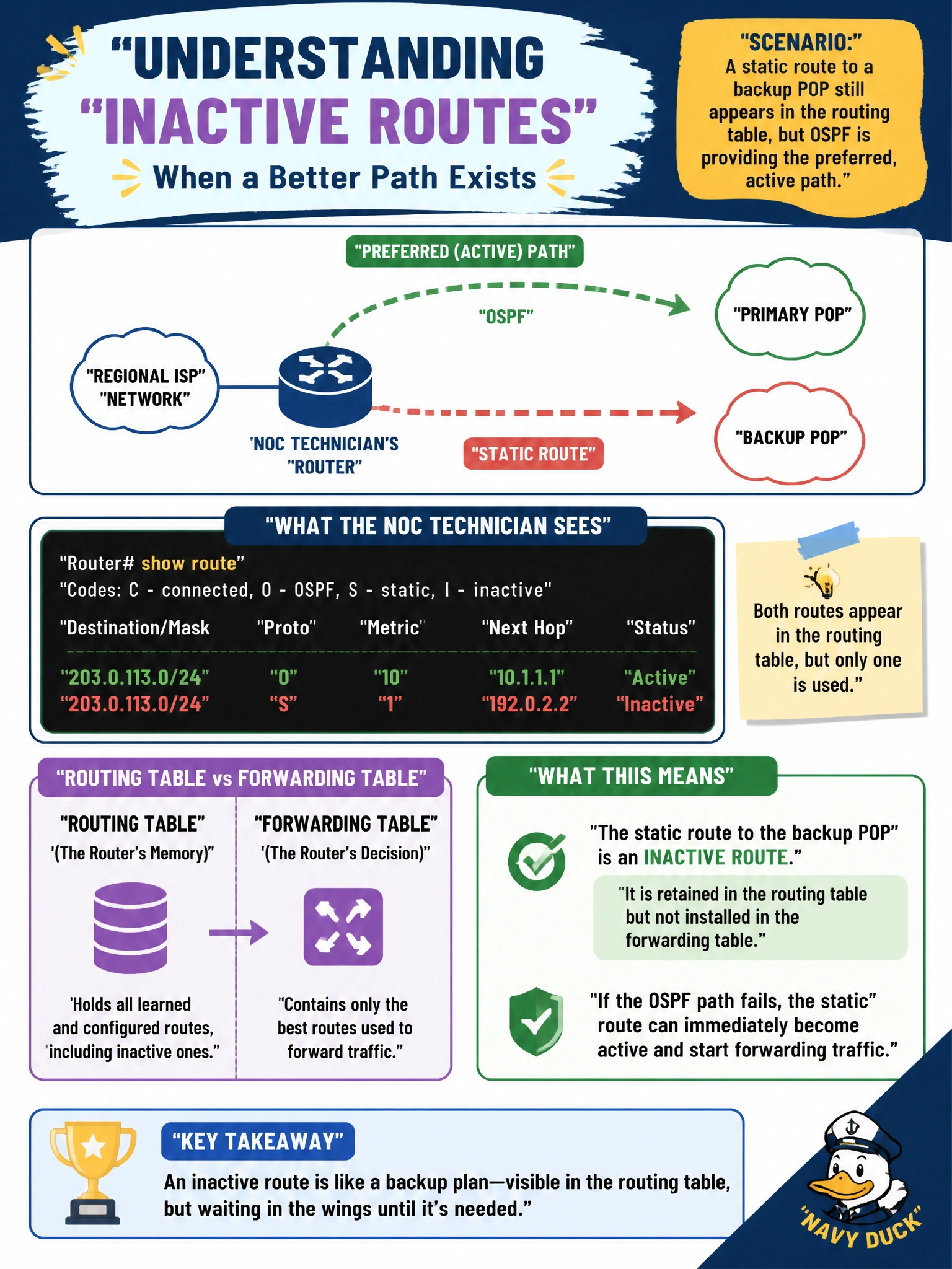 To Create an exciting colorful infographic that explains the concepts in the question: Question: A NOC technician at a regional ISP notices a static route to a backup POP still listed under show route even though OSPF is currently supplying the preferred, active path to that same destination. What best describes the static route's current status? Correct Answer: It is an inactive route, retained in the routing table but not installed in the forwarding table Put EVERY visible label in double quotes. No people. No A/B/C/D letters. In one of the four corners put a little "Navy Duck".