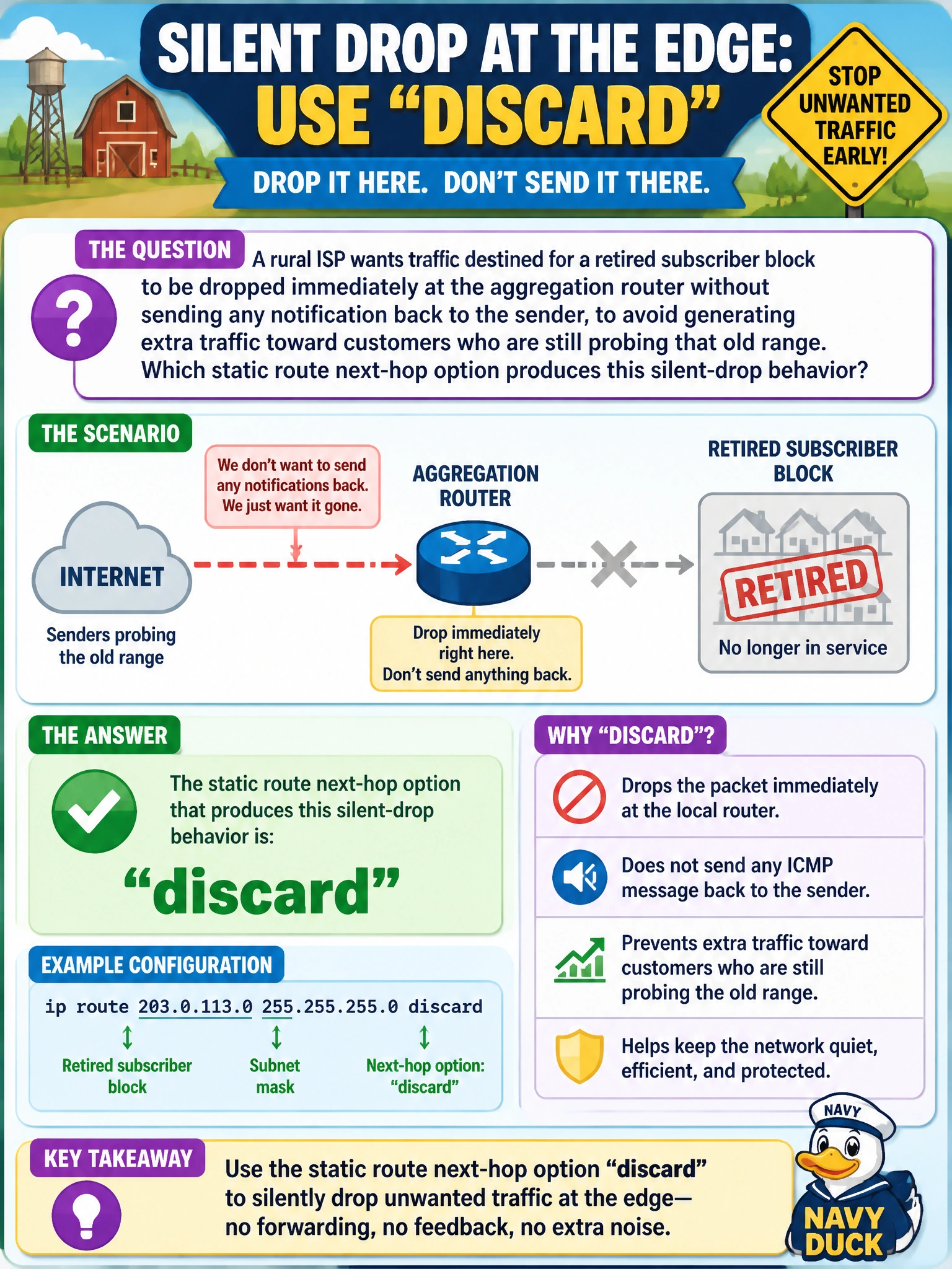 To Create an exciting colorful infographic that explains the concepts in the question: Question: A rural ISP wants traffic destined for a retired subscriber block to be dropped immediately at the aggregation router without sending any notification back to the sender, to avoid generating extra traffic toward customers who are still probing that old range. Which static route next-hop option produces this silent-drop behavior? Correct Answer: discard Put EVERY visible label in double quotes. No people. No A/B/C/D letters. In one of the four corners put a little "Navy Duck".
