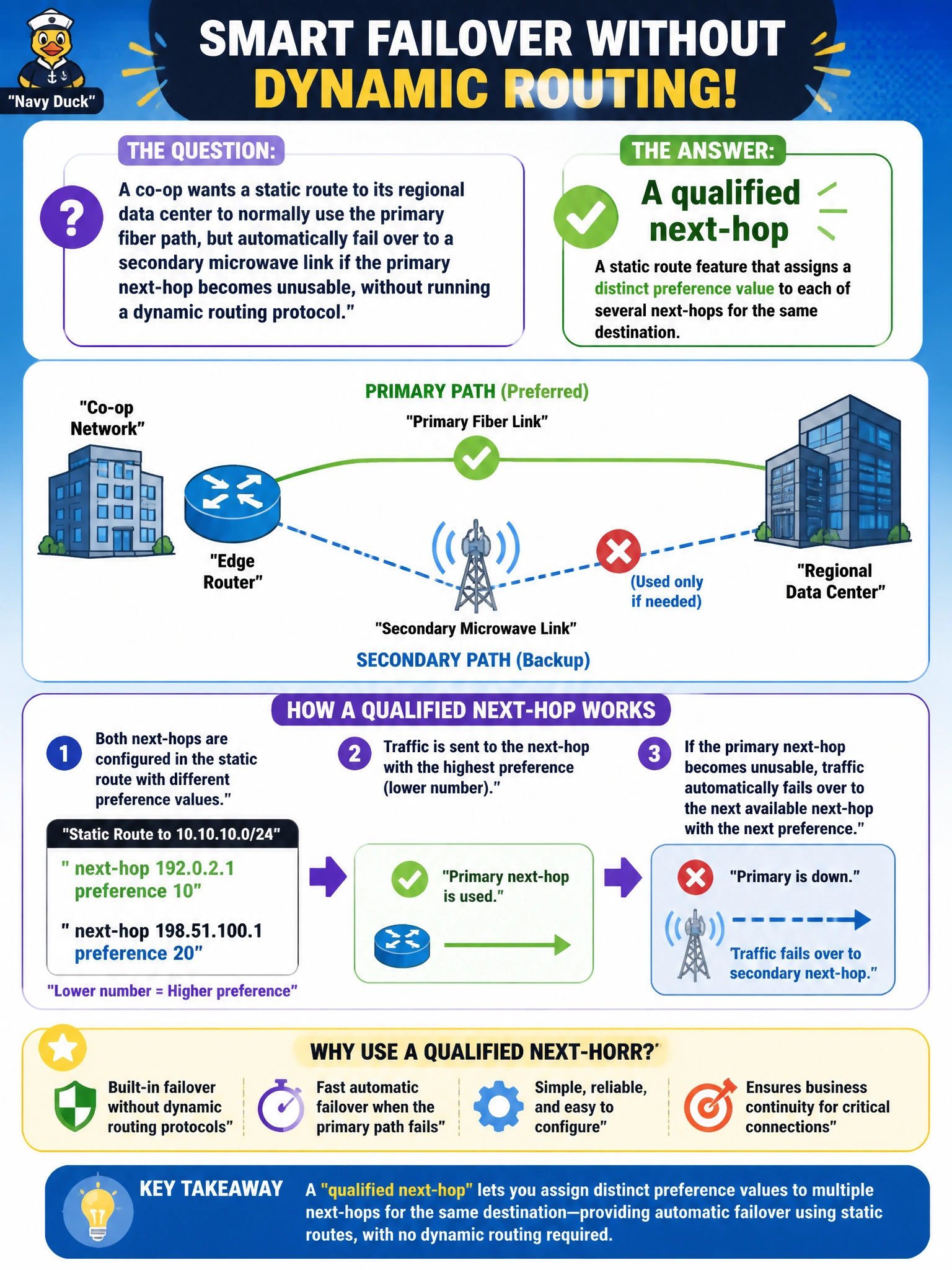 To Create an exciting colorful infographic that explains the concepts in the question: Question: A co-op wants a static route to its regional data center to normally use the primary fiber path, but automatically fail over to a secondary microwave link if the primary next-hop becomes unusable, without running a dynamic routing protocol. Which static route feature is designed for assigning a distinct preference value to each of several next-hops for the same destination? Correct Answer: A qualified next-hop Put EVERY visible label in double quotes. No people. No A/B/C/D letters. In one of the four corners put a little "Navy Duck".