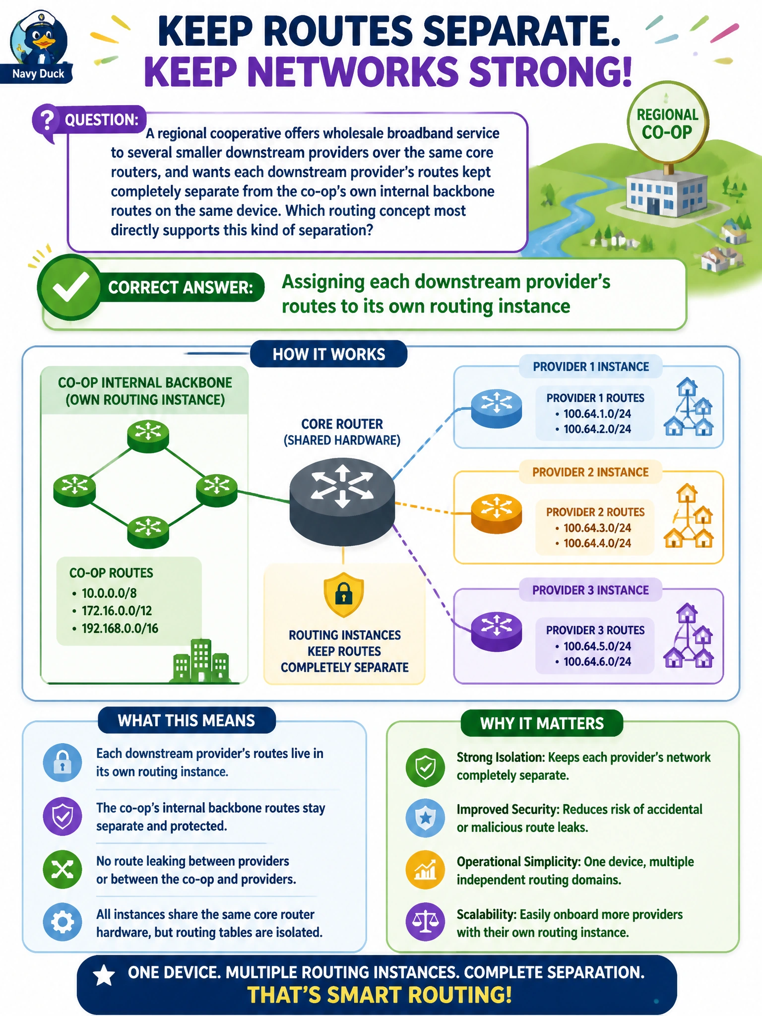 To Create an exciting colorful infographic that explains the concepts in the question: Question: A regional cooperative offers wholesale broadband service to several smaller downstream providers over the same core routers, and wants each downstream provider's routes kept completely separate from the co-op's own internal backbone routes on the same device. Which routing concept most directly supports this kind of separation? Correct Answer: Assigning each downstream provider's routes to its own routing instance Put EVERY visible label in double quotes. No people. No A/B/C/D letters. In one of the four corners put a little "Navy Duck".