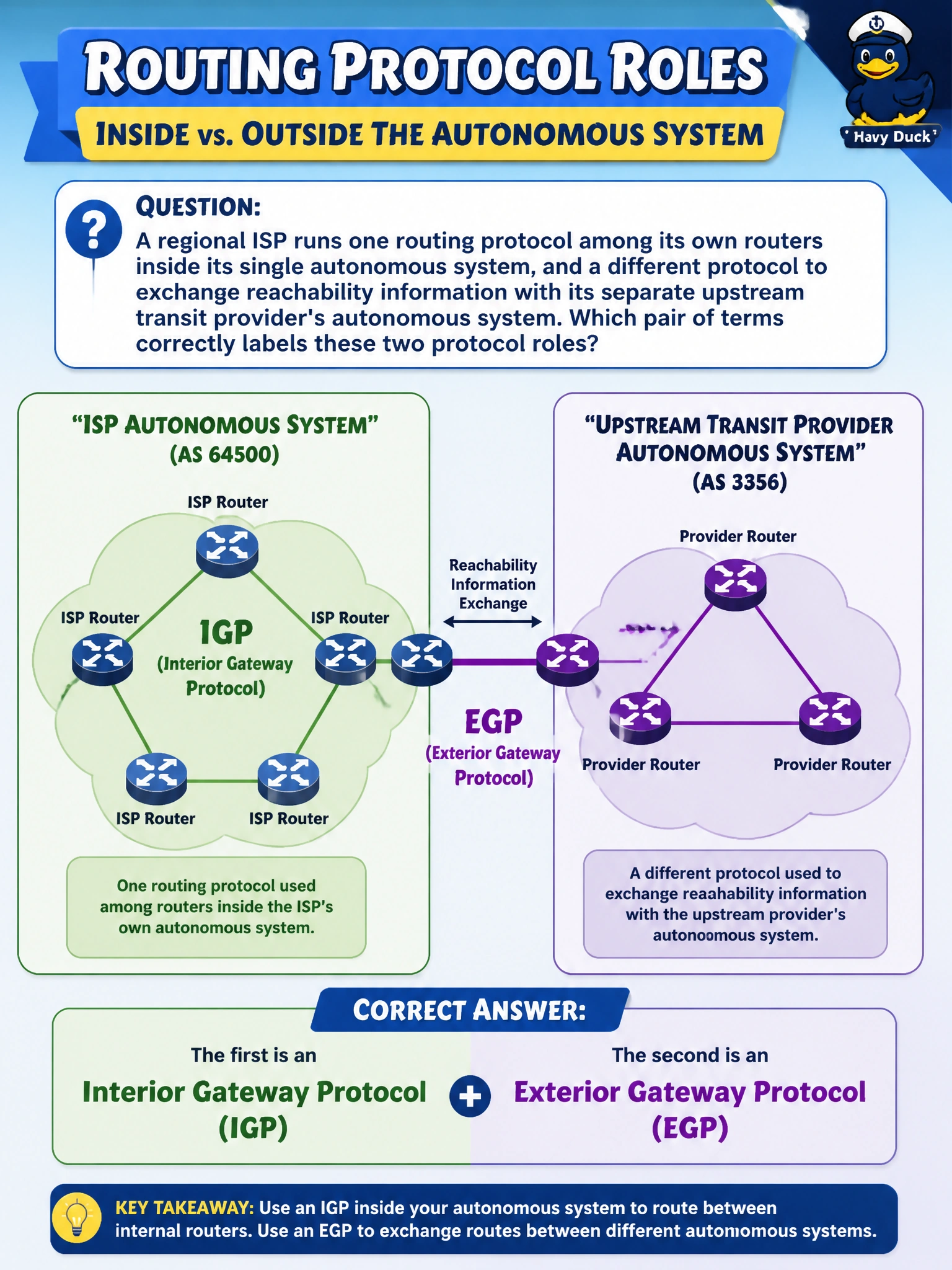 To Create an exciting colorful infographic that explains the concepts in the question: Question: A regional ISP runs one routing protocol among its own routers inside its single autonomous system, and a different protocol to exchange reachability information with its separate upstream transit provider's autonomous system. Which pair of terms correctly labels these two protocol roles? Correct Answer: The first is an Interior Gateway Protocol (IGP); the second is an Exterior Gateway Protocol (EGP) Put EVERY visible label in double quotes. No people. No A/B/C/D letters. In one of the four corners put a little "Navy Duck".